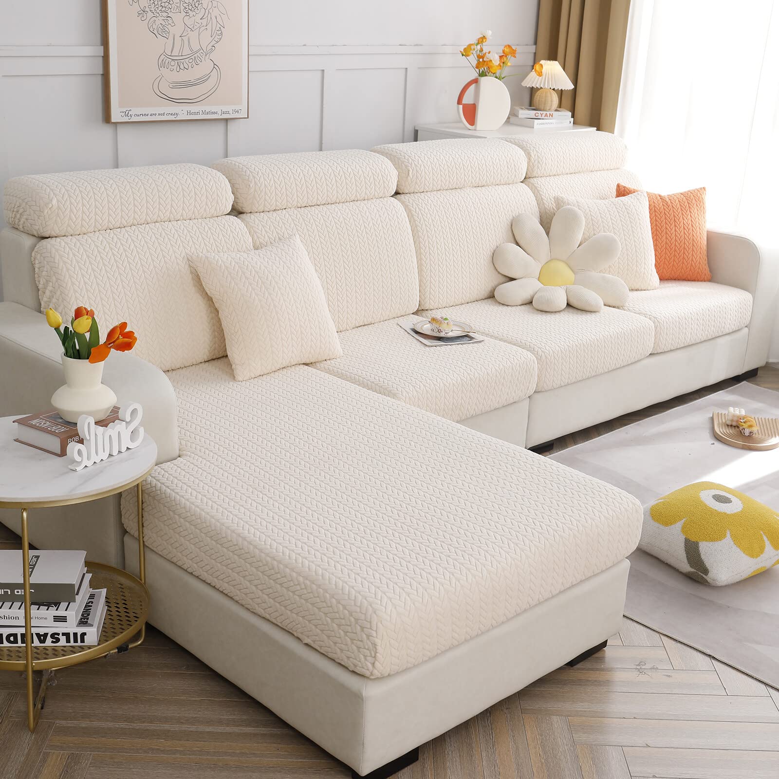 Stretch L-Shaped Sofa Slipcover - Universal Anti-Slip Chaise Lounge Cover for 3-Cushion Couches, Elastic Furniture Protector (Weave Beige, Double Seat) | Perfect for Living Room, Family Room & Home Decor Protection
