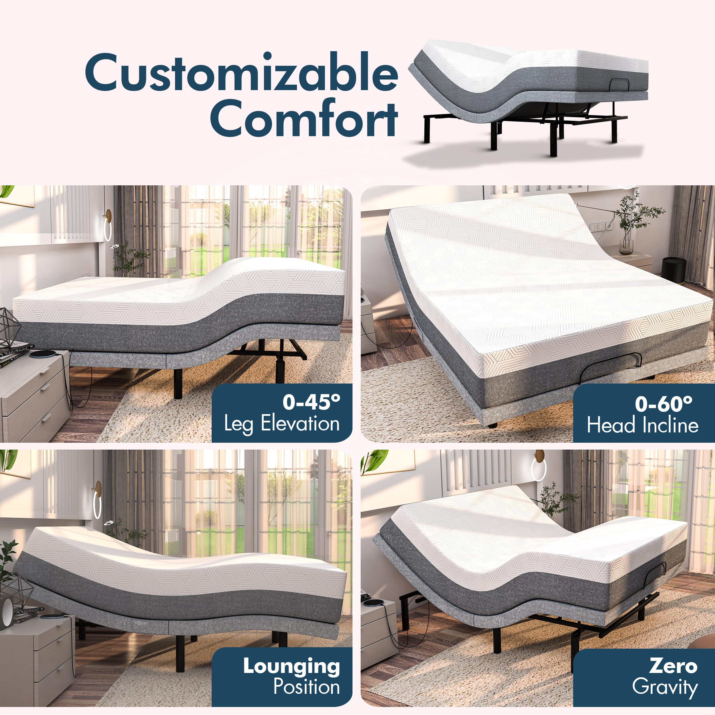 Adjustable Bed Frame with Cooling Gel Mattress & Massage - for Home Comfort & Relaxation