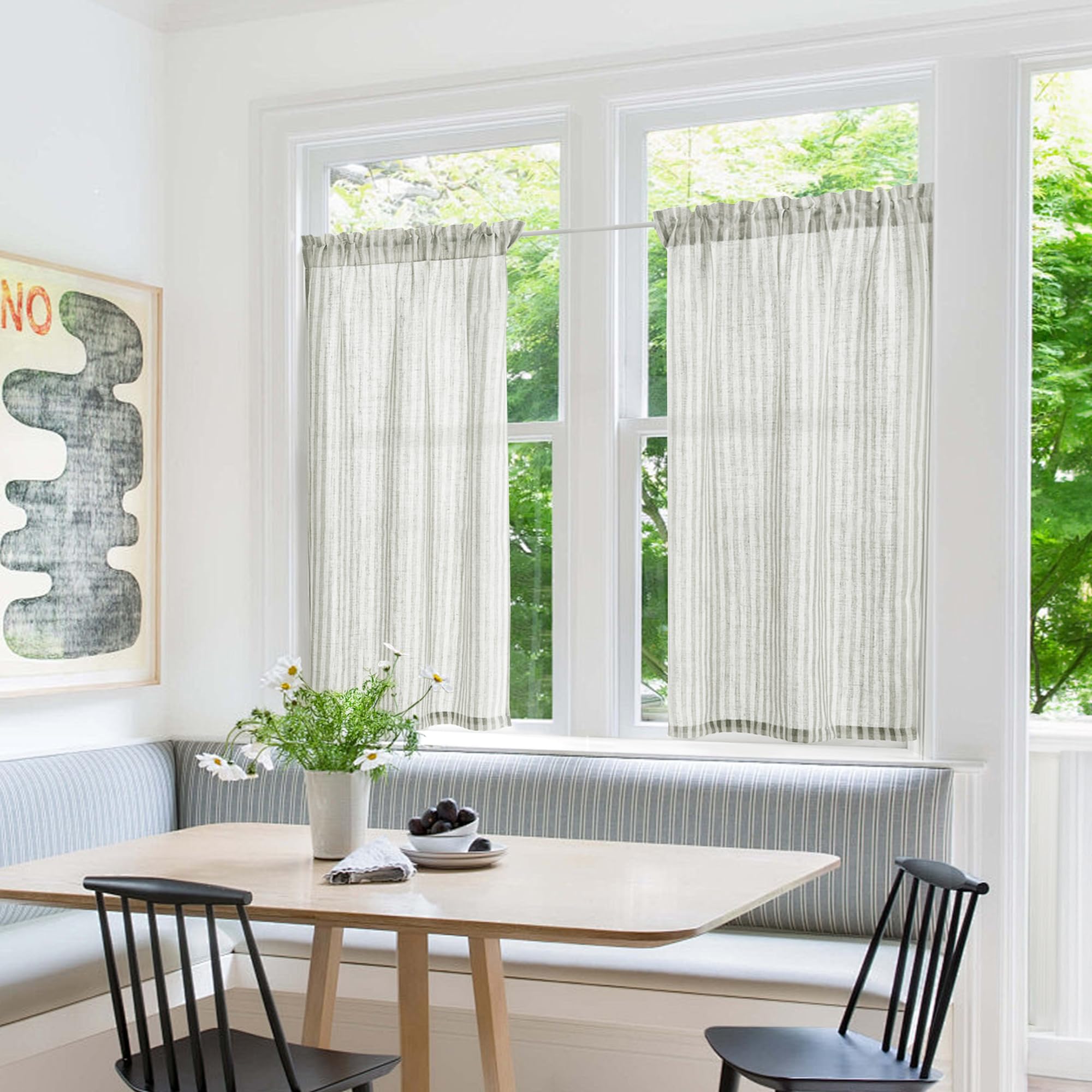 Deconovo Stripe Linen Blend Cafe Curtains - Farmhouse Rustic Tier Kitchen Curtains with Rod Pocket, Grey on Beige (26W x 45L Inch, Set of 2 Panels) - Perfect for Kitchen Windows, Dining Room & Cozy Farmhouse Decor