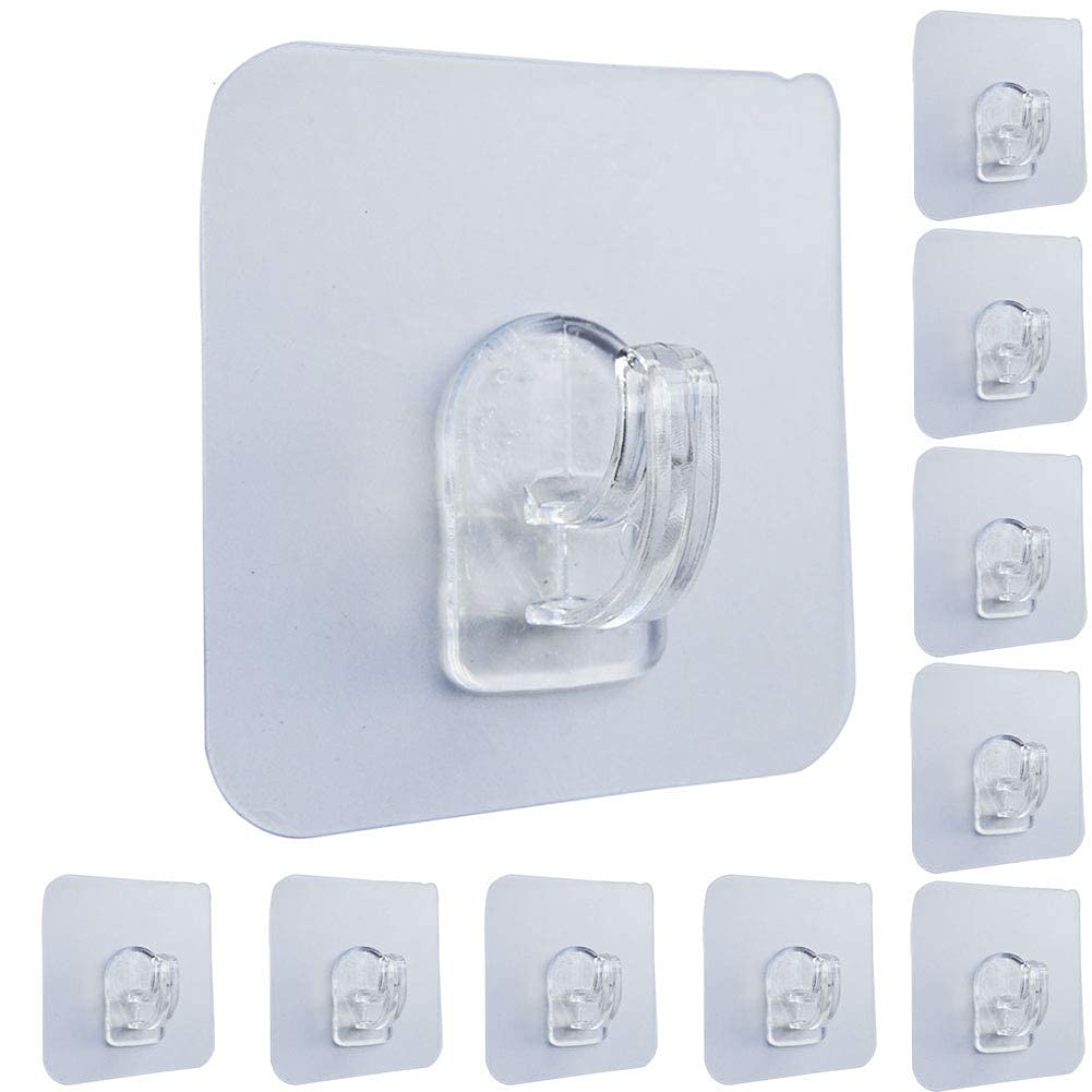 10 Pack Clear Self Adhesive Wall Hooks - Heavy Duty Reusable Plastic Hooks for Kitchen, Bathroom, Office & Storage - No Trace, No Scratch, Waterproof & Oilproof - Perfect for Hanging Towels, Keys, Utensils & Organizing Small Items