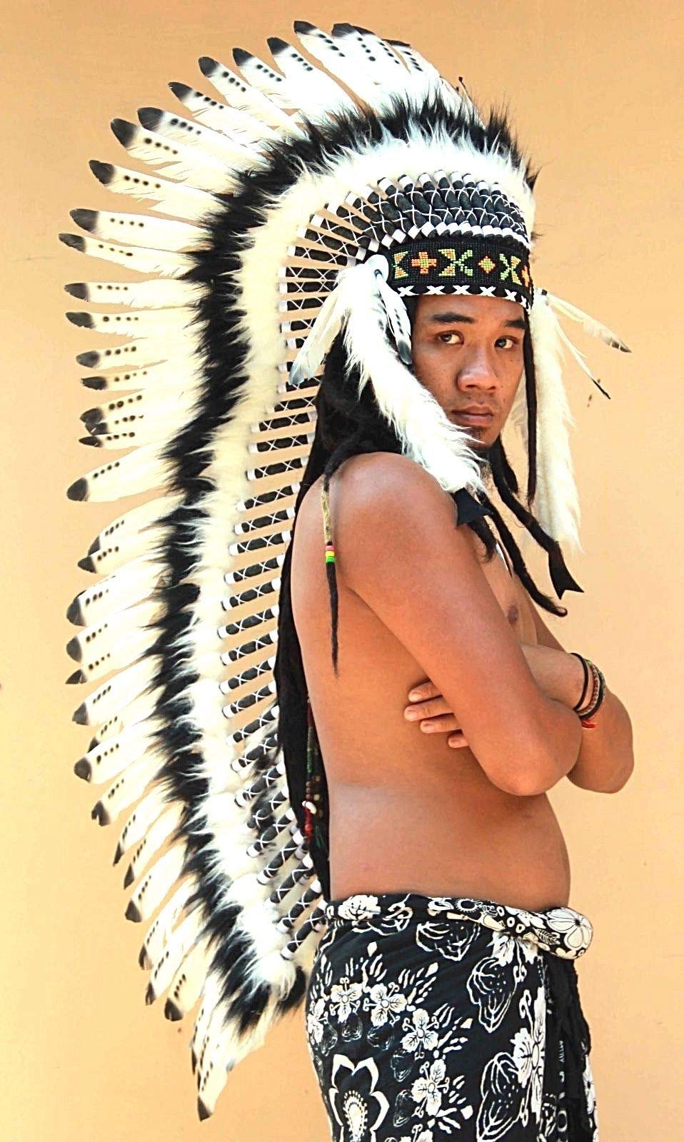 OMA Indian Inspired Headdress - Native American Style Feather Headdress Warrior Bonnet - XL Size for Cosplay, Halloween Costume, Festival Accessories, and Cultural Events