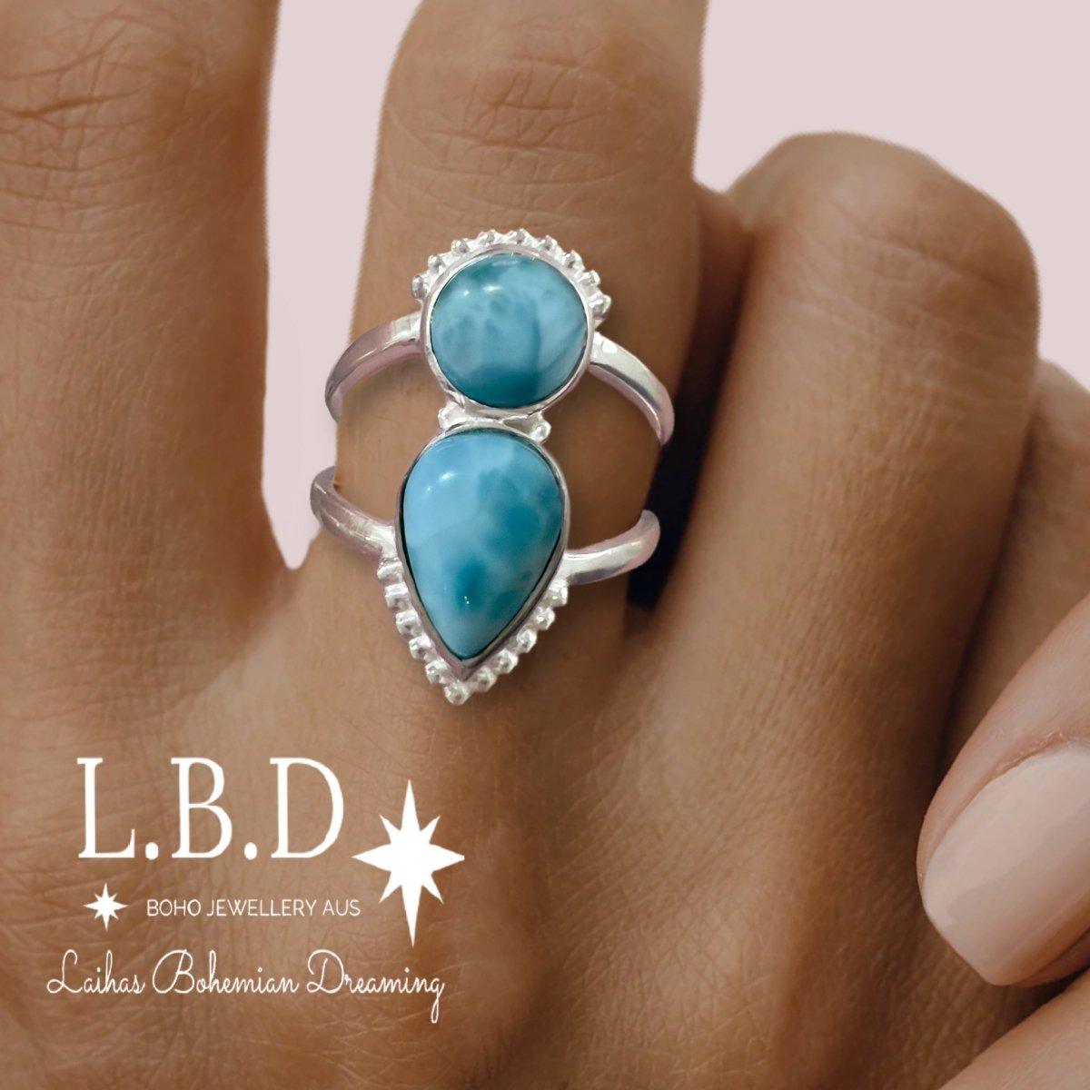 Laihas Peaceful Solitude Larimar Ring - Genuine Blue Stone Jewelry for Women, Healing Crystal Ring for Meditation & Spiritual Balance | Perfect for Yoga, Energy Healing & Mindful Living