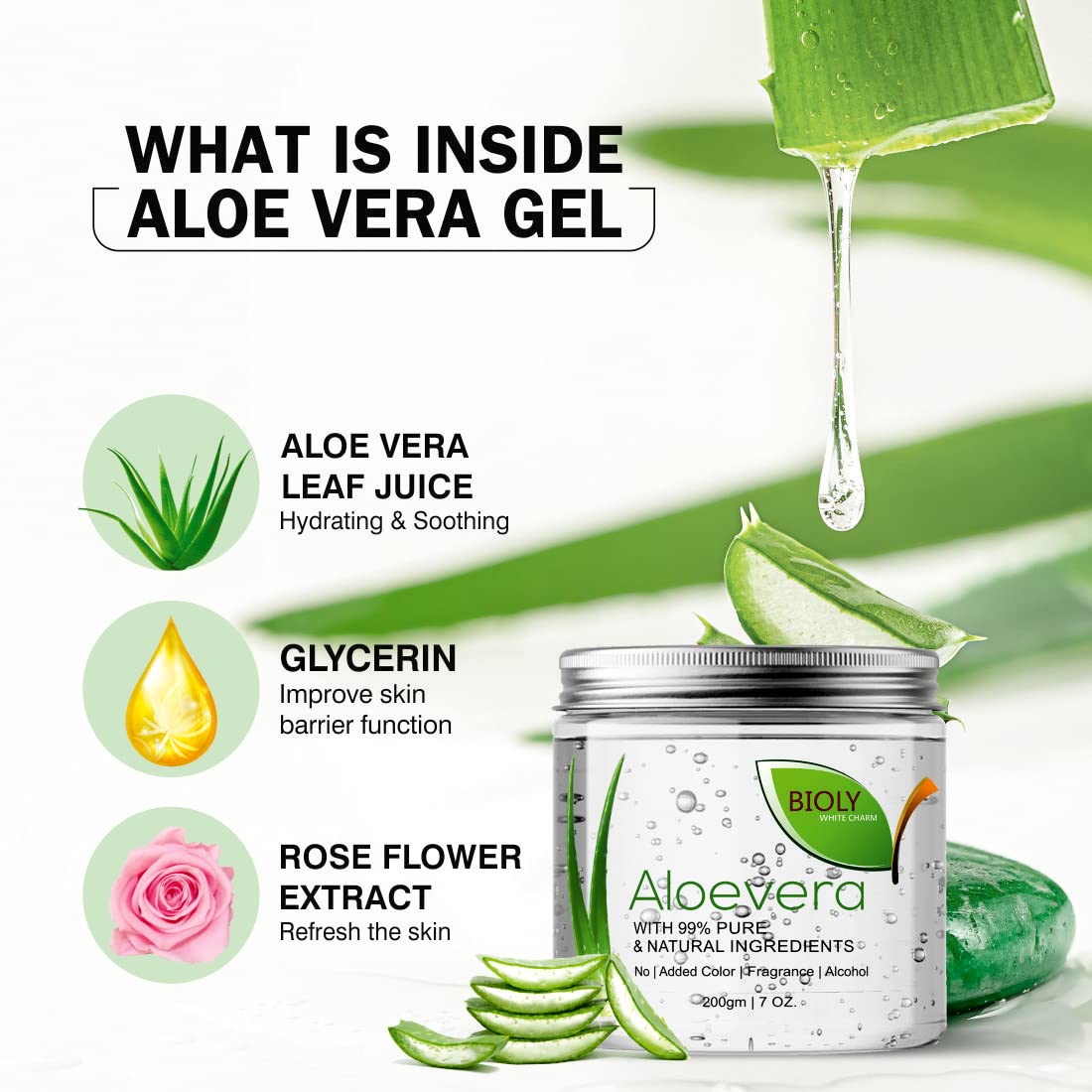 BIOLY WHITE CHARM Pure Aloe Vera Gel with Vitamin E for Face, Skin & Hair Care - Transparent Hydrating Gel (2-Pack) | Soothes Sunburn, Moisturizes Dry Skin & Conditions Hair