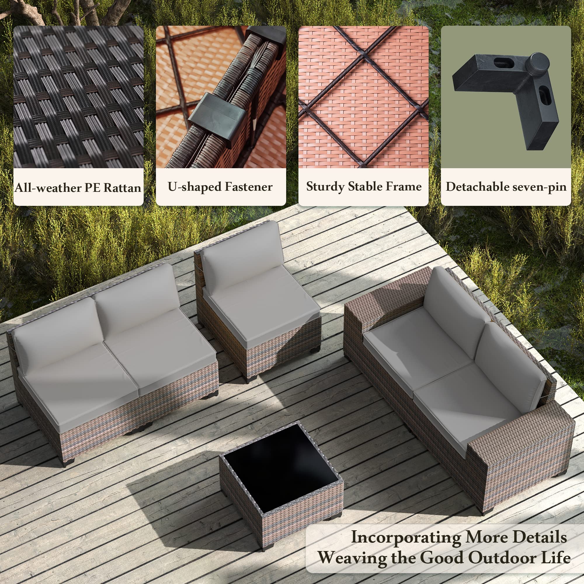 6-Piece Outdoor Patio Furniture Set - All-Weather PE Wicker Modular Sectional Sofa with Coffee Table & 5 Chairs (Grey) - Perfect for Backyard, Garden, Poolside & Deck Relaxation