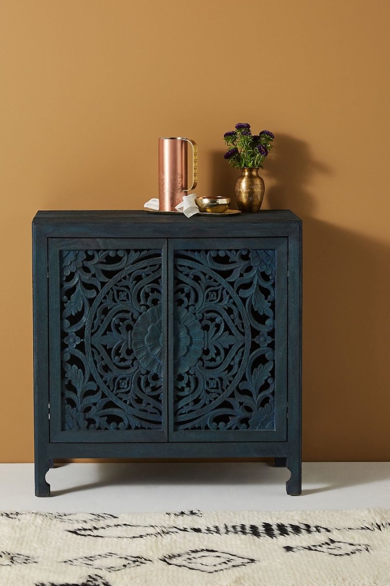 Hand Carved Lombok Entryway Cabinet in Indigo Blue - Solid Wood Storage Unit with 3 Shelves for Hallway, Living Room & Bedroom Organization