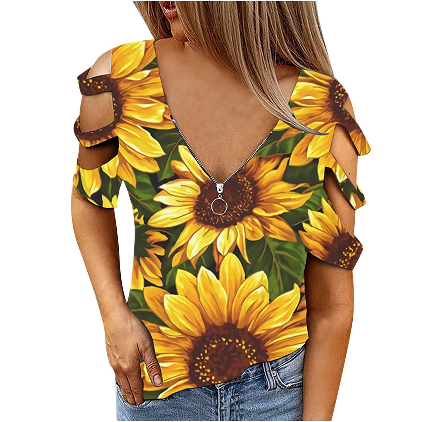 Women's Plus Size V-Neck Sunflower Printed Cold Shoulder T-Shirt - Loose Casual Summer Blouse for Beach, Vacation & Everyday Wear