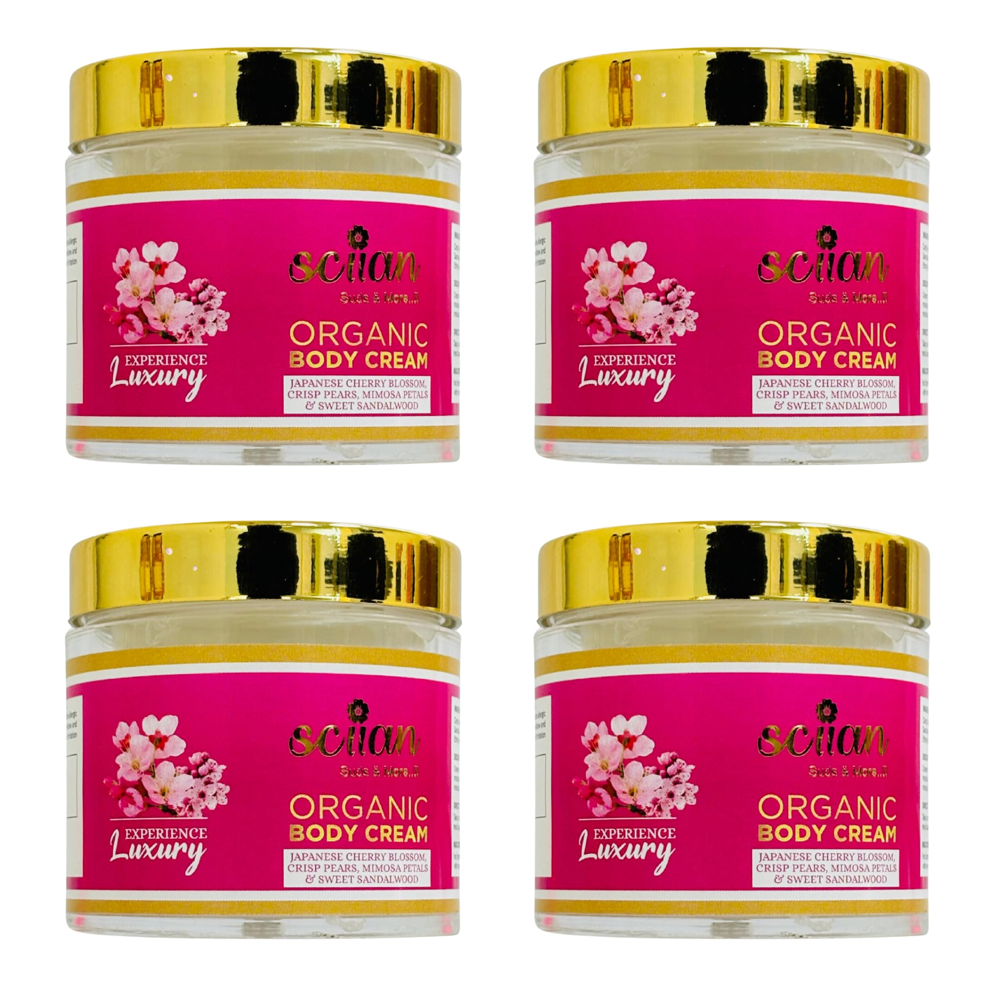 SCIIAN Japanese Cherry Blossom & Crisp Pear Body Cream with Mimosa Petals & Sweet Sandalwood - 100g Moisturizing Cream for Women, Dry Skin Care Enriched with Olive Oil & Almond Oil (Pack of 4) | Perfect for Daily Hydration, Spa Nights & Gift Giving