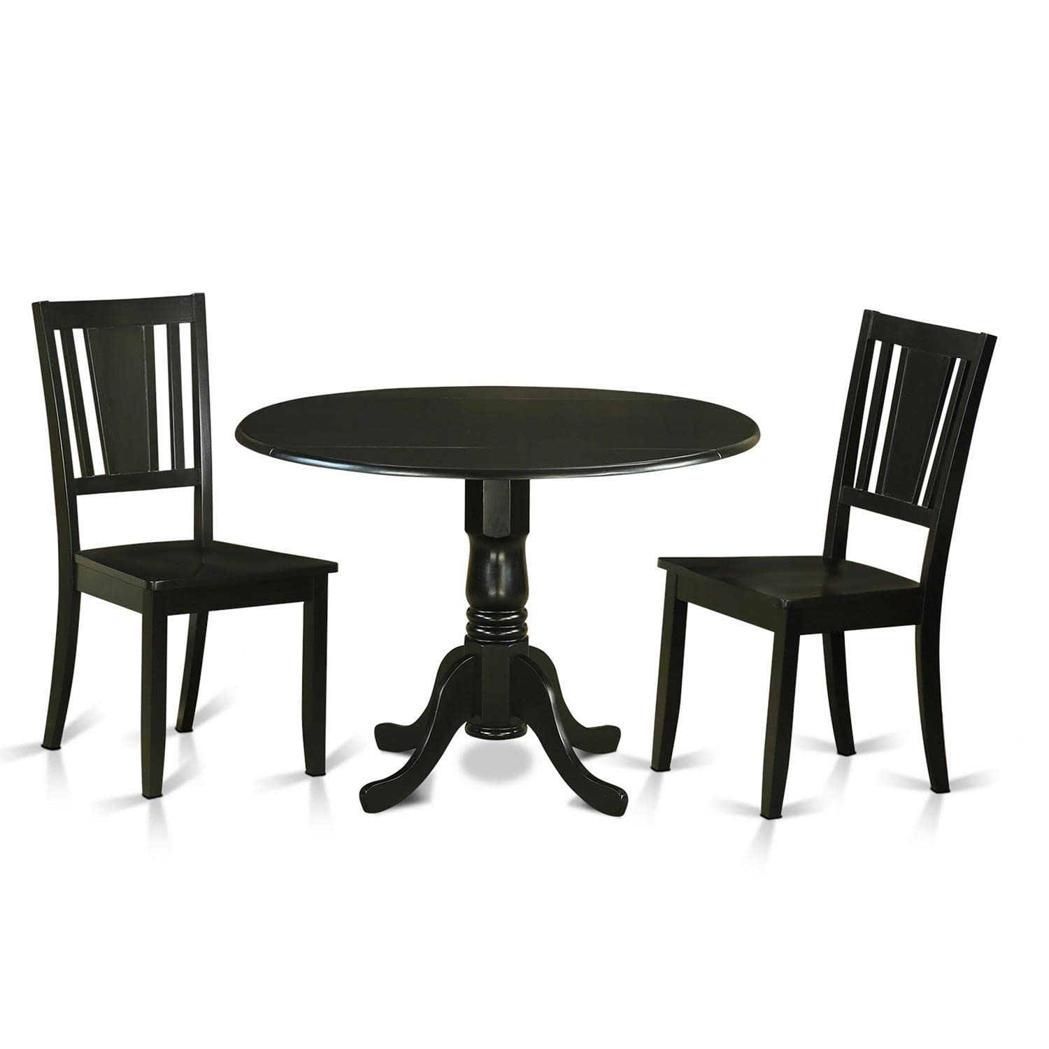 East West Furniture DLDU3-BLK-W 3-Piece Small Space Kitchen Table Set with Round Drop-Leaf Dining Table & 2 Solid Wood Chairs, 42x42 Inch, Black - Perfect for Apartments, Breakfast Nooks & Cozy Dining Areas