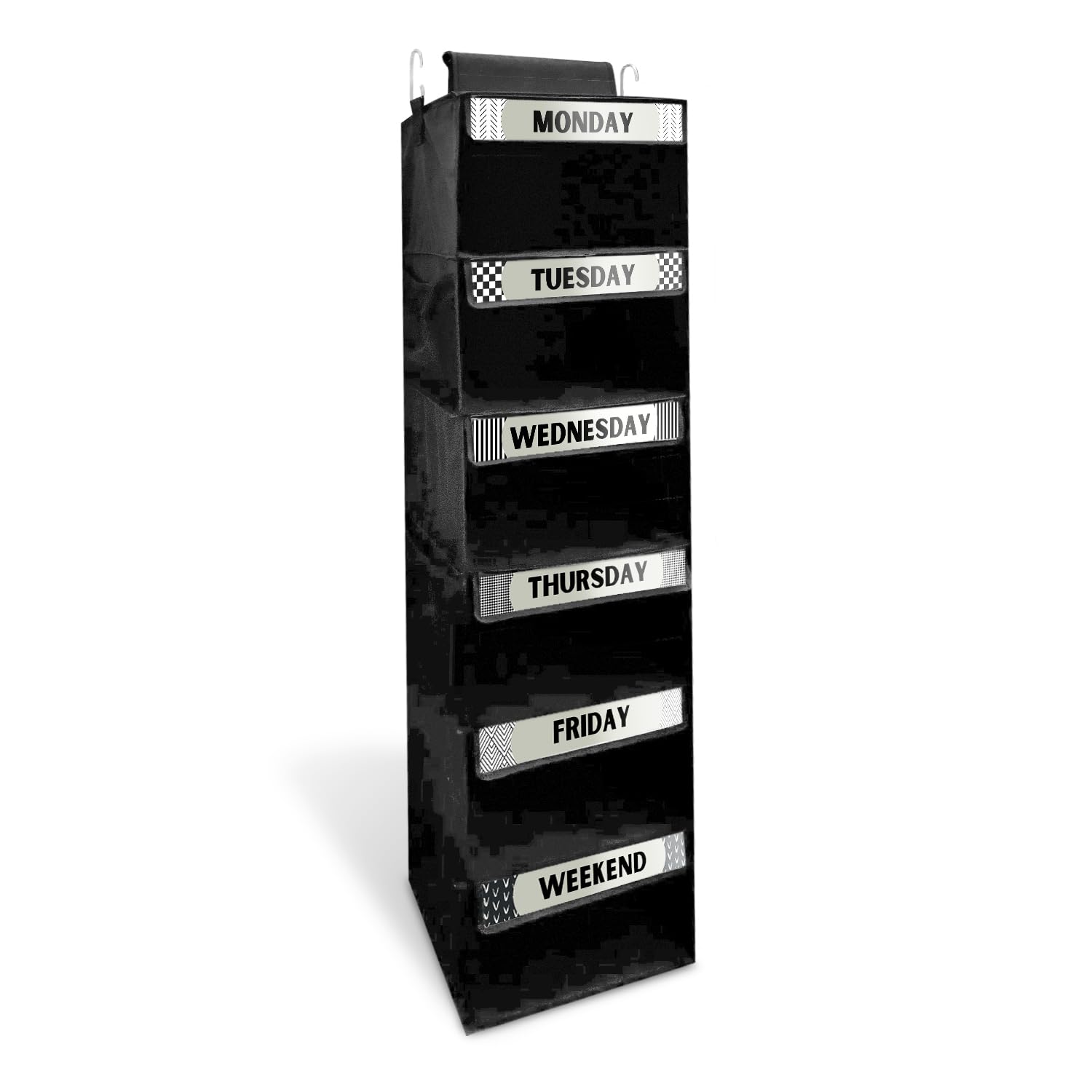 6-Shelf Hanging Closet Organizer with Side Pockets - Foldable Weekly Clothing Storage for Travel - Heavy Duty Black Wardrobe Organizer - Perfect for Bedroom, Closet & Suitcase Organization