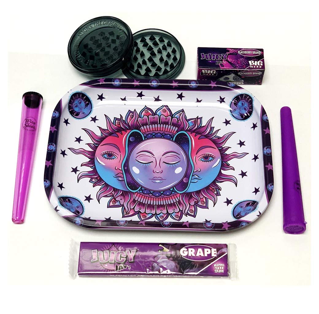 Wise Skies Purple Bohemian Rolling Tray Set - Premium Herb Rolling Tray with Storage for Smoking Accessories - Perfect for Rolling Papers, Grinders & Stash Box Organization (Boho Style)