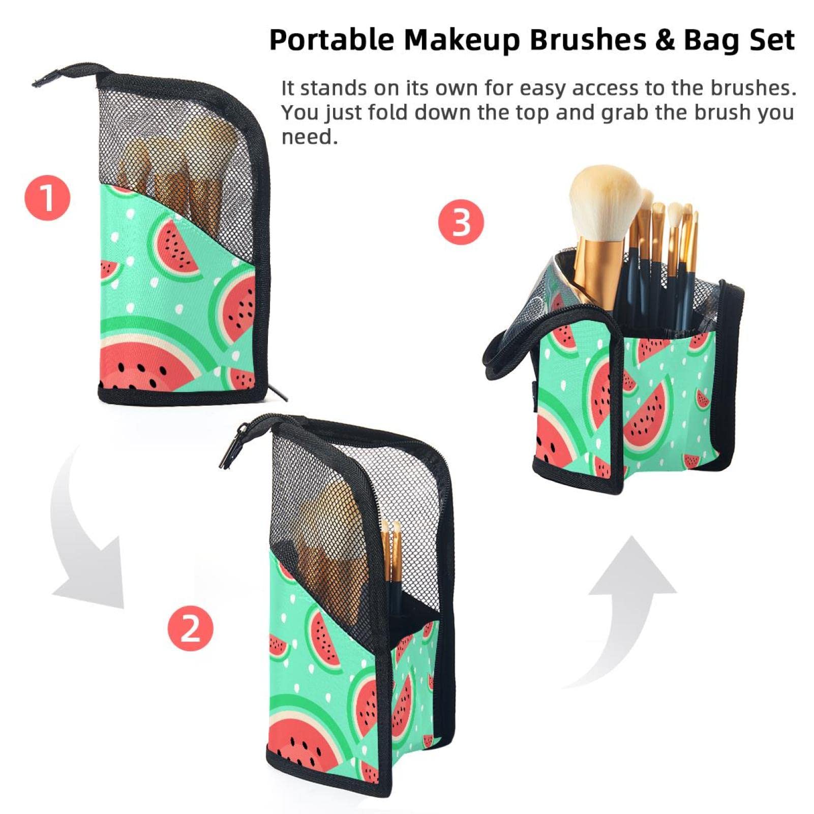 12-Piece Watermelon Polka Dot Makeup Brush Organizer Bag - Portable Brush Holder Case for Travel & Home Storage