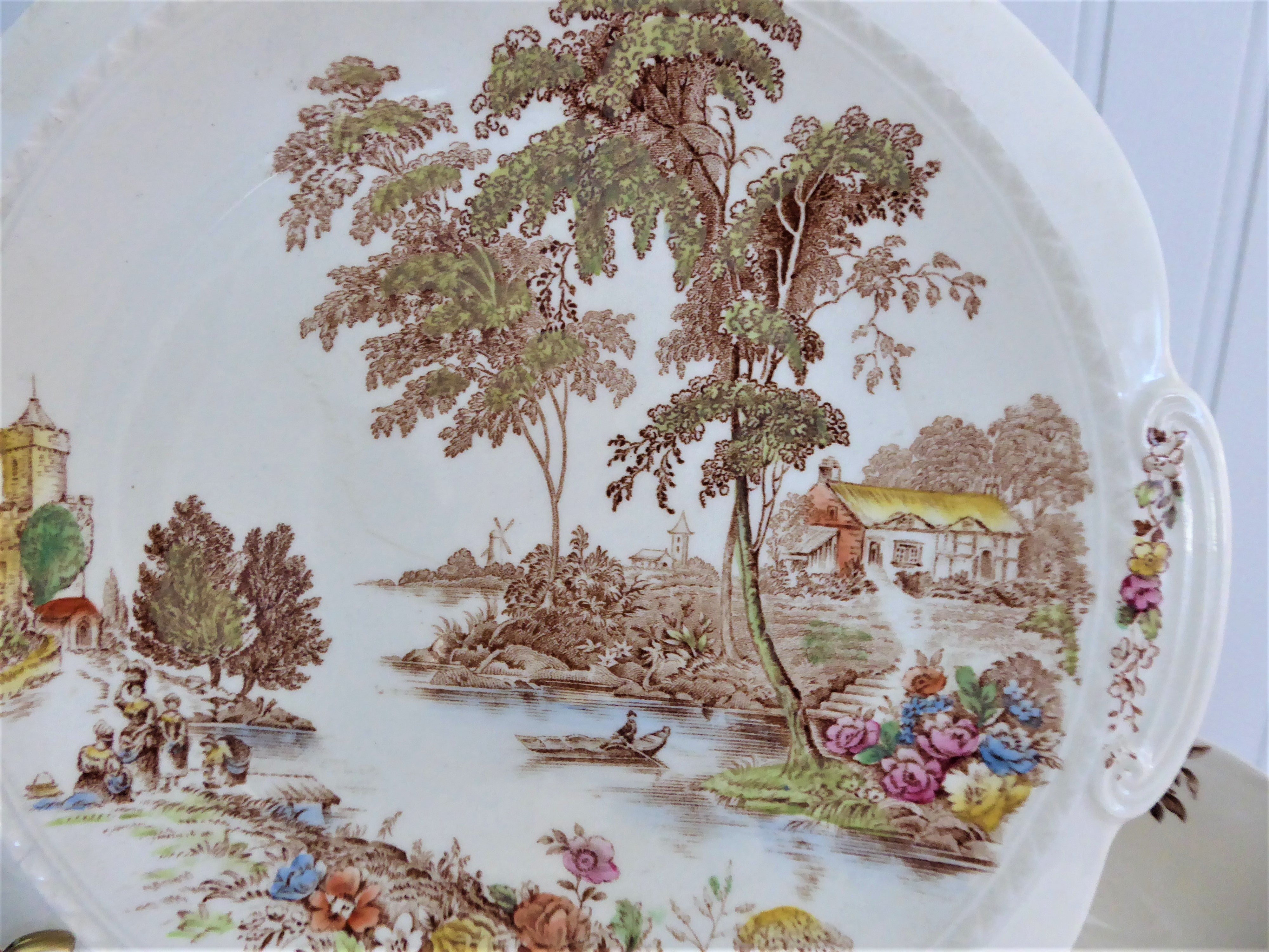 Vintage 1940s Swinnertons Polychrome Transferware Lugged Cake Plate - Elegant Ferry Cake Serving Platter for Afternoon Tea & Special Occasions