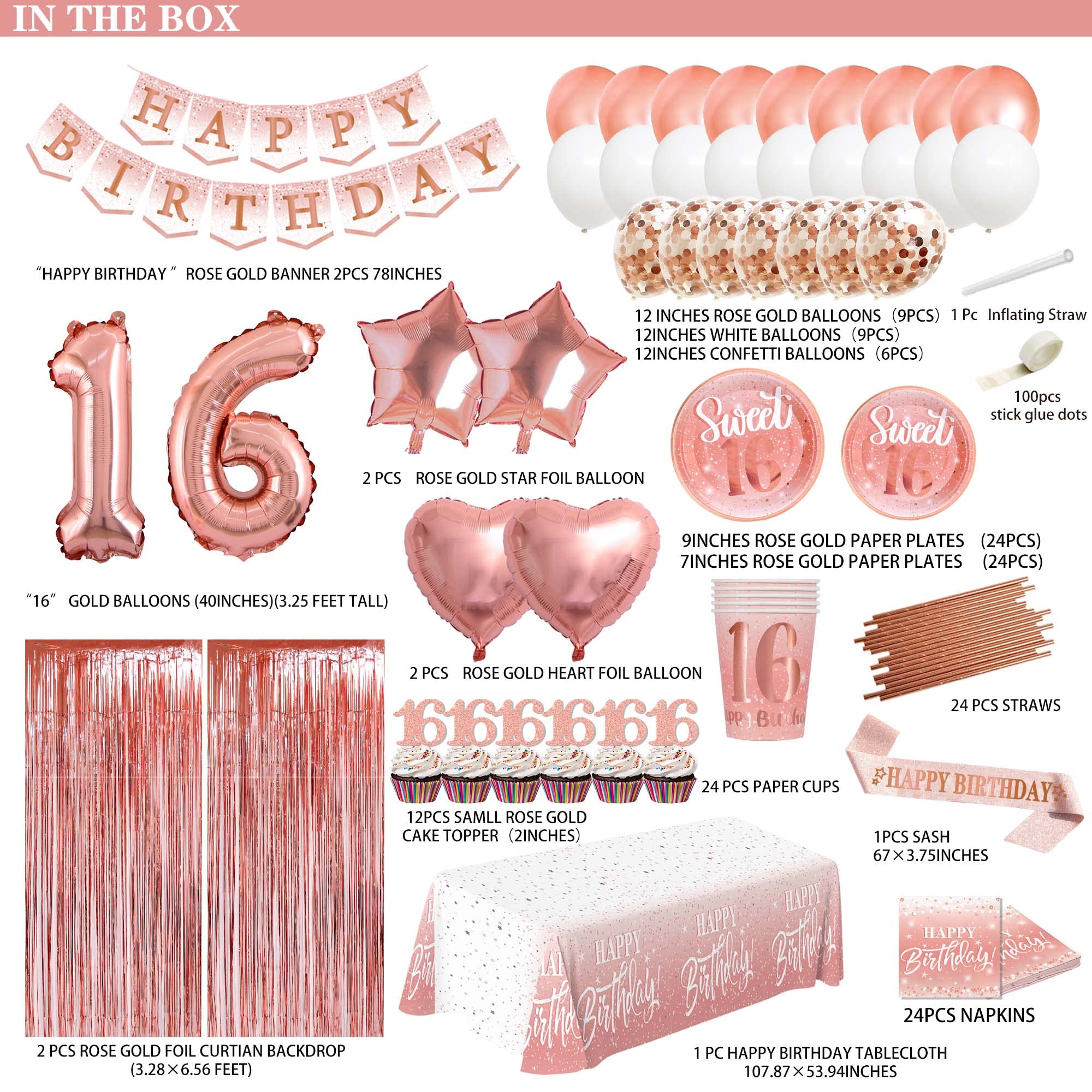 Sweet 16 Birthday Party Decorations for Girls - Rose Gold Banner, Happy Birthday Balloons & Party Supplies | 16th Birthday Celebration Decor for Teens, Quinceañera, Milestone Parties