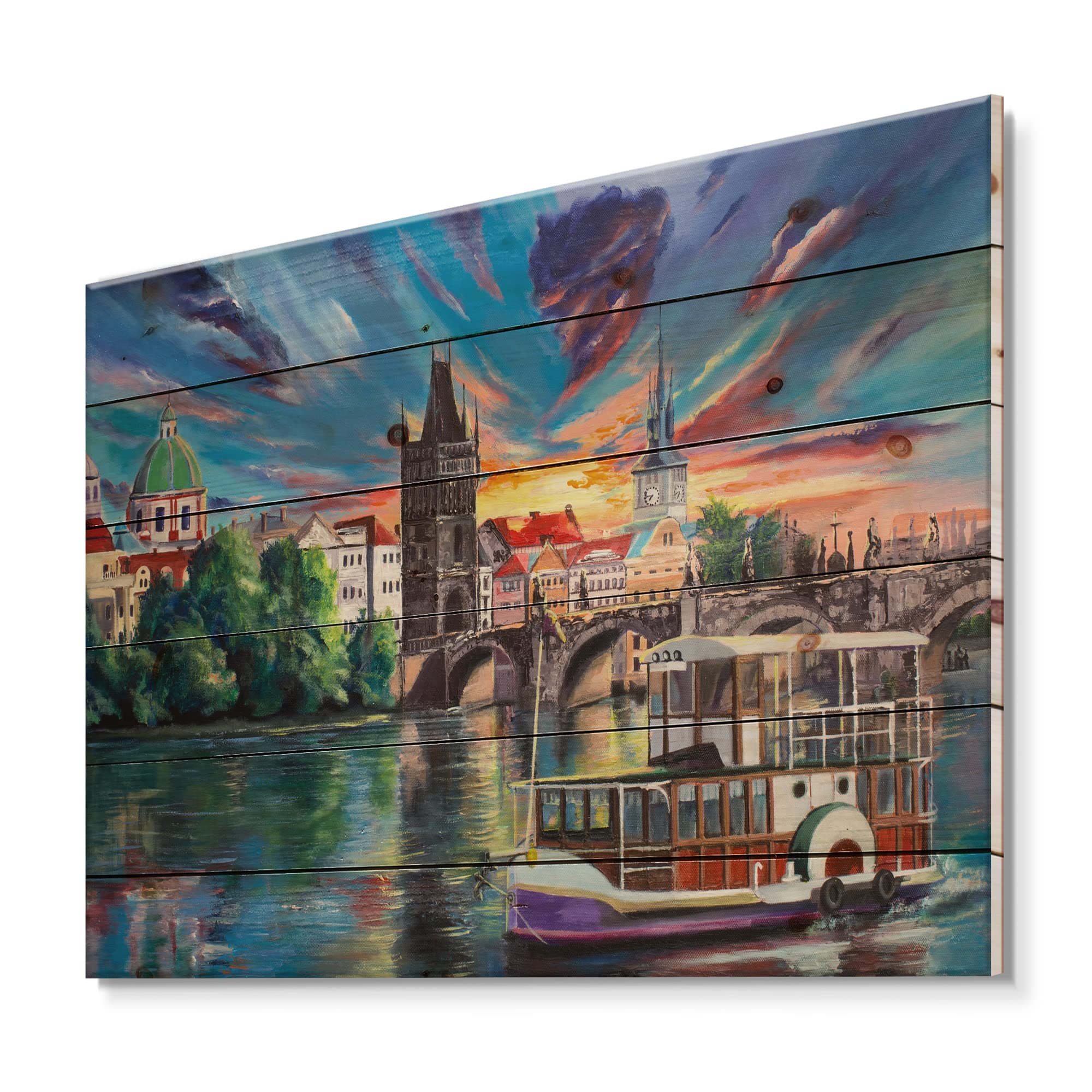 DesignQ Cityview of Prague Sunset Children's Art Wood Wall Decor - Large Green Fantasy Wood Wall Panels Printed on Natural Pine - Perfect for Nursery, Kids Room & Bohemian Home Decor