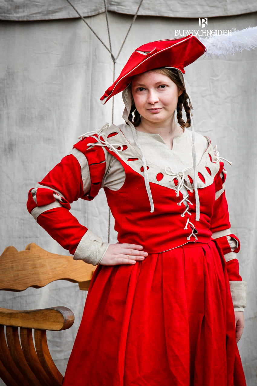 Landsknecht Renaissance Sleeves with Stripes and Floral Design in Red/Natural - Perfect for Historical Reenactments, LARP, and Renaissance Fairs