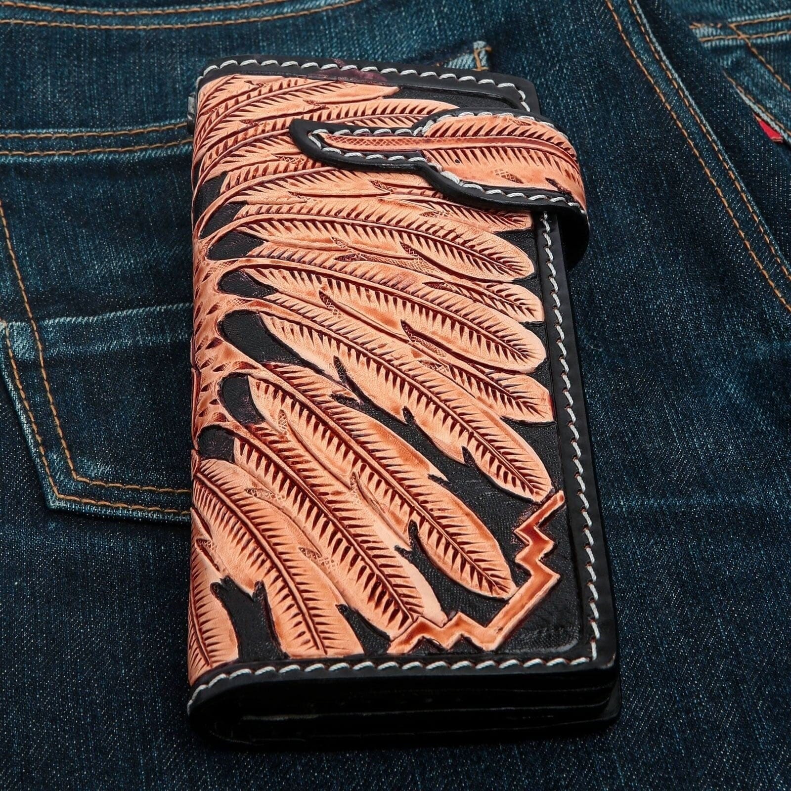 Genuine Leather Indian Skull Biker Wallet for Men - Handmade Motorcycle Wallet with Chain - Perfect for Bikers, Riders & Outdoor Enthusiasts