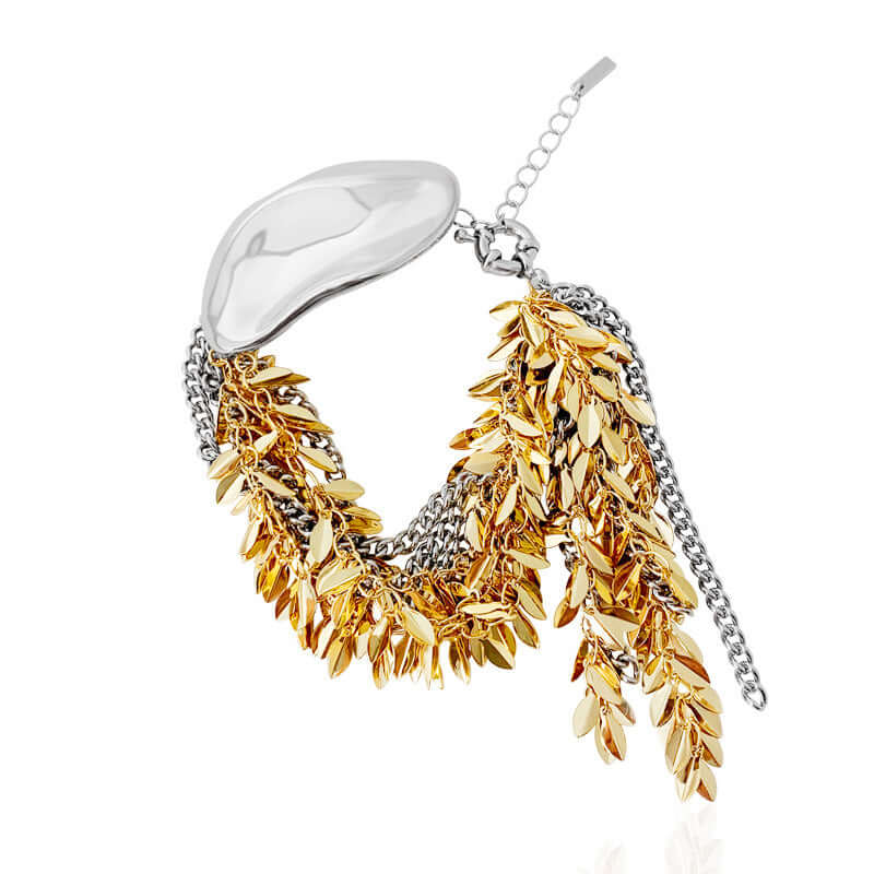 Exaggerated Metallic Two-Tone Leaf Statement Bracelet - Elegant Boho Jewelry for Women | Perfect for Parties, Weddings & Everyday Wear | R099
