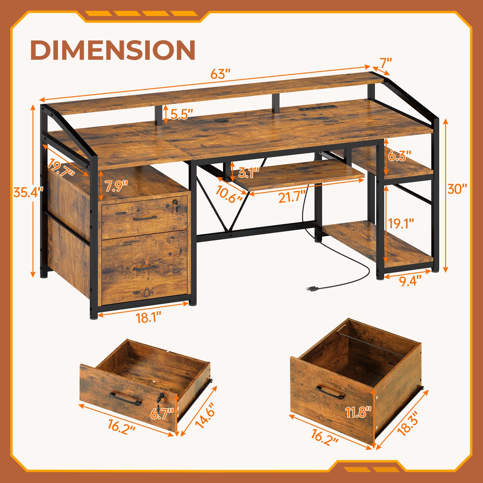 SEDETA 63 Inch Rustic Brown Computer Desk with LED Lights & Power Outlet - Home Office Desk with Lockable File Drawers for Legal/Letter Size, Gaming Desk for PC Setup - Perfect for Small Spaces, Work from Home & Gaming Stations