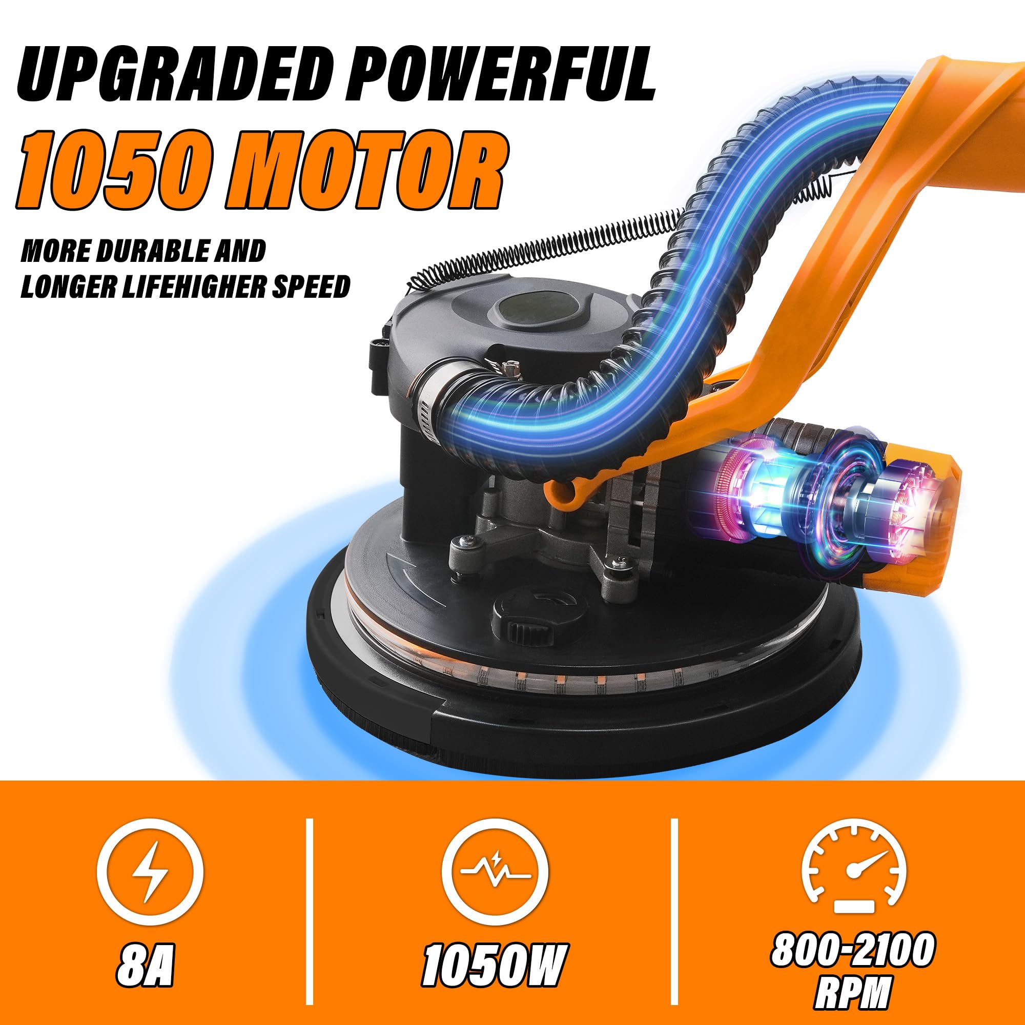 1050W Electric Drywall Sander with Vacuum System - Heavy Duty LCD Digital Display, 9-Speed Adjustable (800-2100 RPM) - Foldable Extendable Handle & 12 Sanding Discs Included - Perfect for Drywall, Wood Floor Sanding & Home Renovation Projects