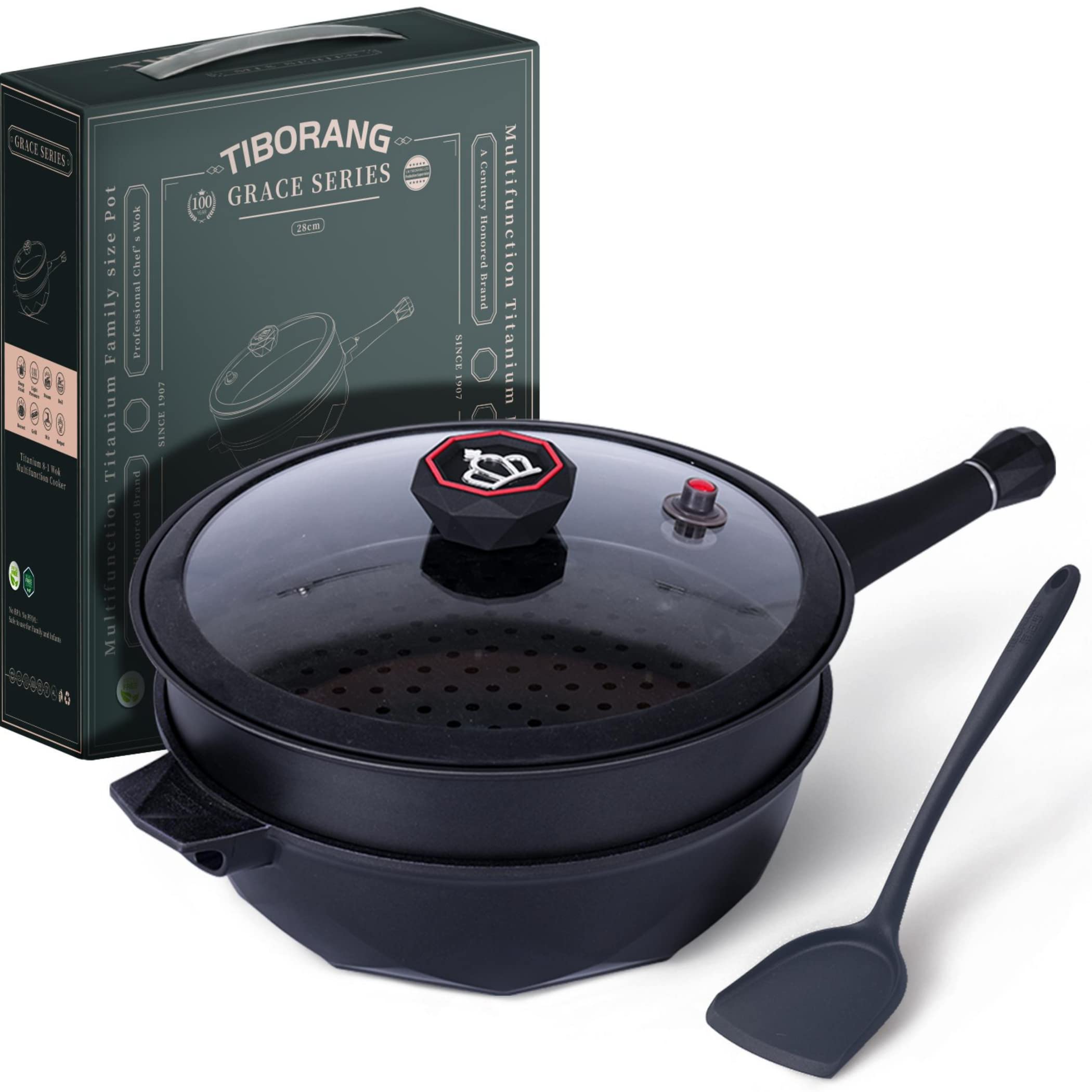 TIBORANG 8-in-1 Nonstick Deep Fry Pan with Glass Lid - 11 Inch 5 Quart Multi-Purpose Frying Pan with Heat Indicator, Steamer Insert & Cool-Touch Handle - PFOA Free, Dishwasher & Oven Safe - Compatible with All Stovetops (Black) - Perfect for Frying, Sautéing, Steaming & Baking