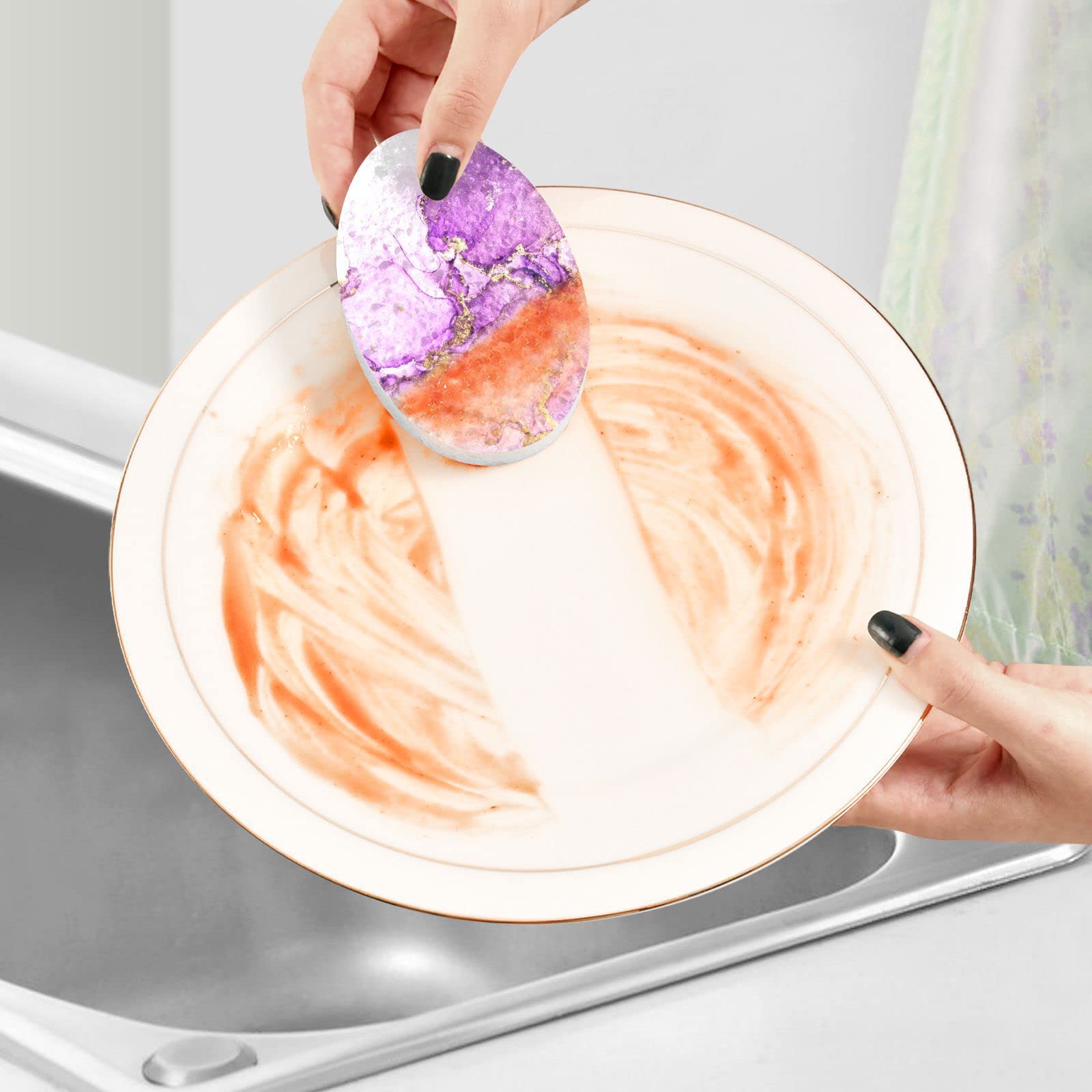 Kcldeci 3 Pack Non-Scratch Dish Sponges - Purple & Shiny Golden Alcohol Ink Design, Durable Kitchen Scrub Sponges for Dishwashing, Countertops, and Household Cleaning