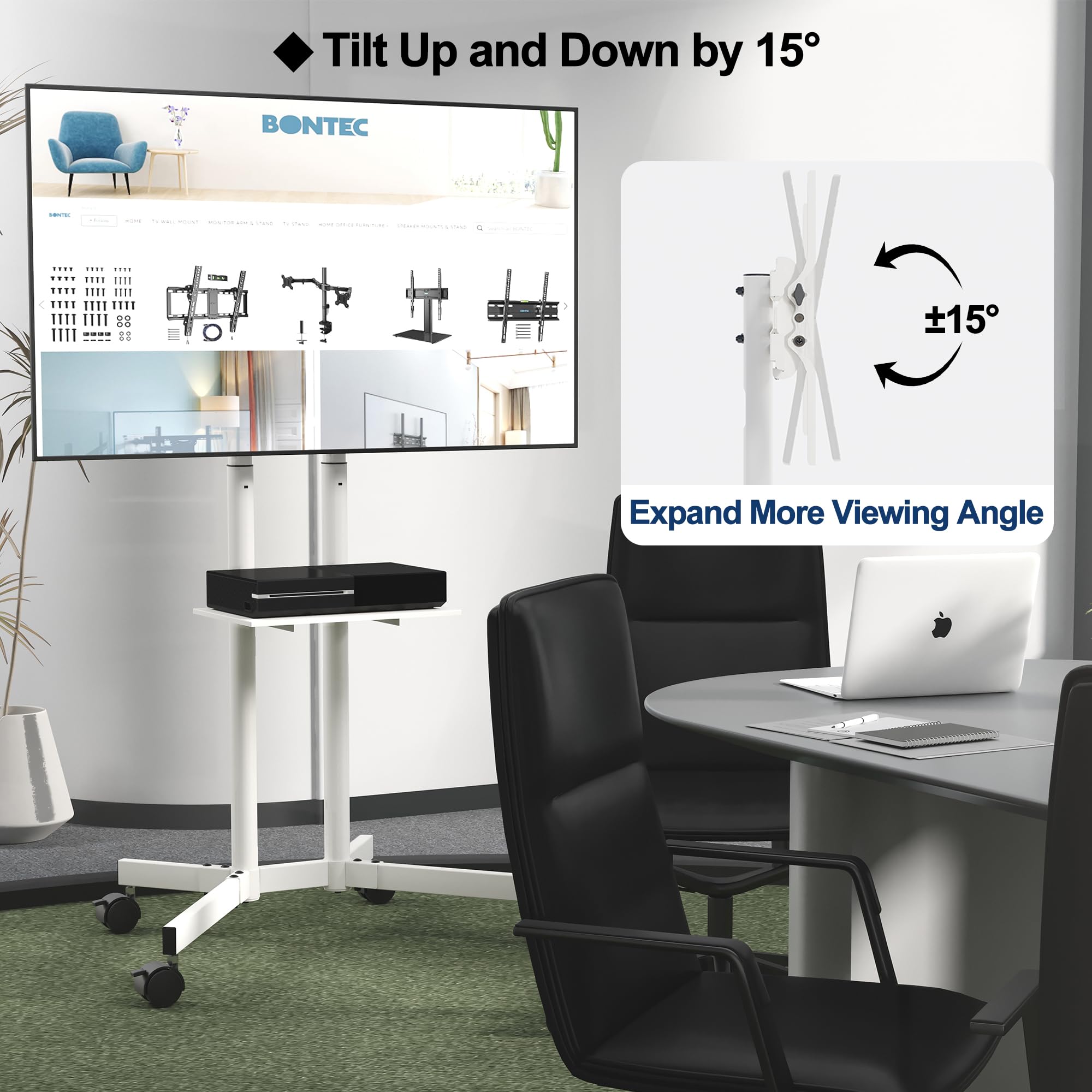 BONTEC Adjustable Rolling TV Stand for 32-85 Inch LED, LCD, OLED, 4K TVs - Mobile Height Adjustable TV Cart with Laptop Shelf, Locking Wheels (132lbs Capacity, 600x400mm VESA) - Perfect for Living Rooms, Bedrooms, and Home Theaters - White