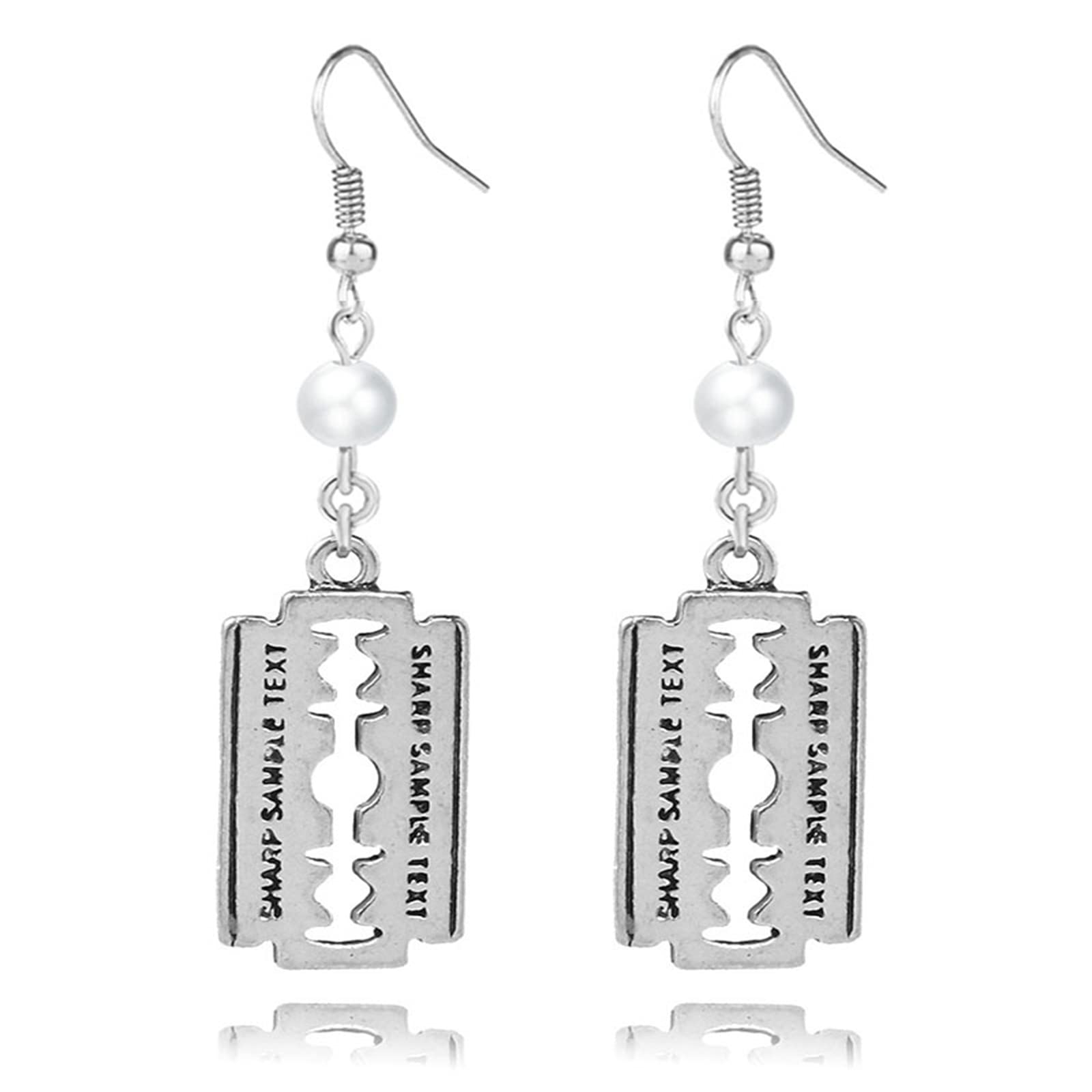 Trendy Gothic Punk Silver Razor Blade Pearl Dangle Earrings for Women & Girls | Vintage Grunge Aesthetic Jewelry | Perfect for Goth, Punk, and Alternative Fashion Lovers