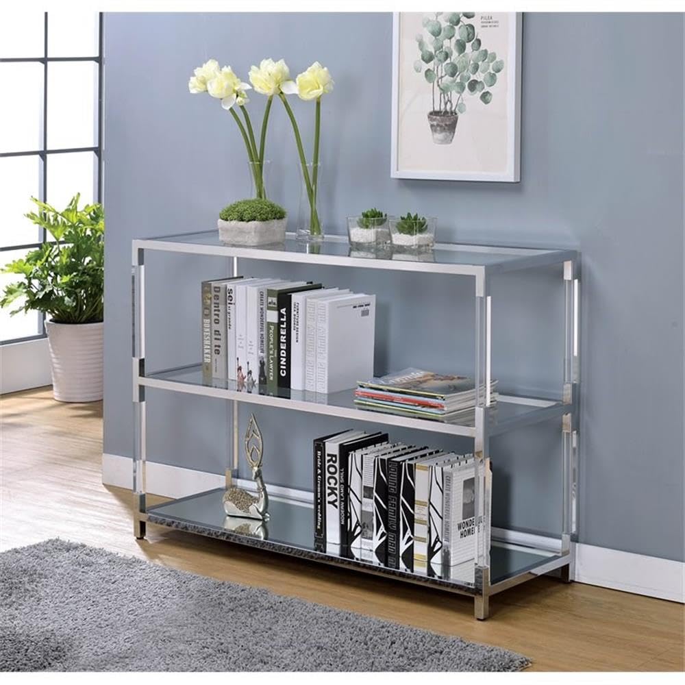 BOWERY HILL Modern Chrome Glass Sofa Table with 1 Shelf - Transitional Living Room End Table for Small Spaces & Home Decor