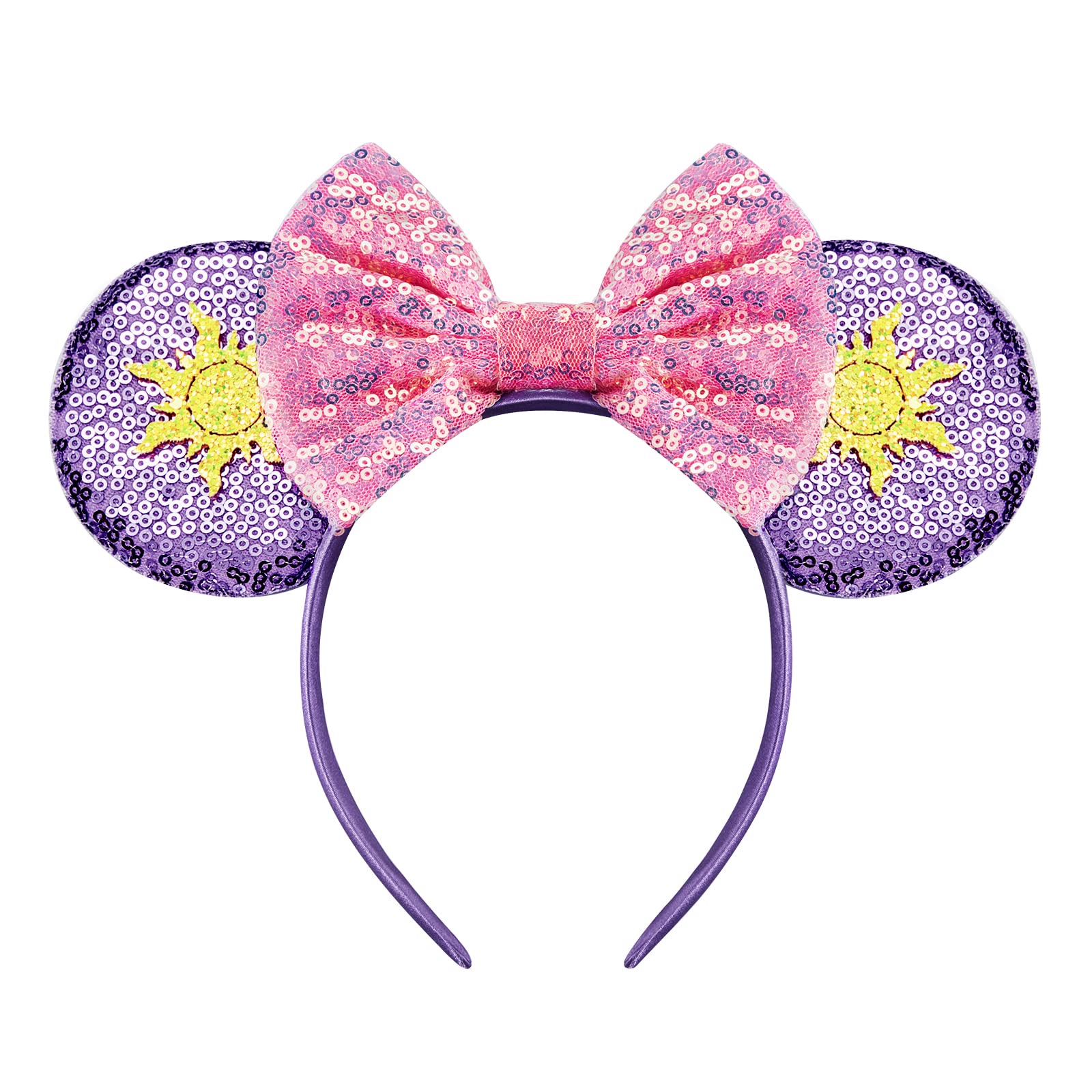Sparkly Sequin Mouse Ears Headband with Bow - Disney Rapunzel Inspired Hair Accessories for Women & Girls | Perfect for Birthday Parties, Costume Cosplay, Theme Park Visits & Disney-Themed Events