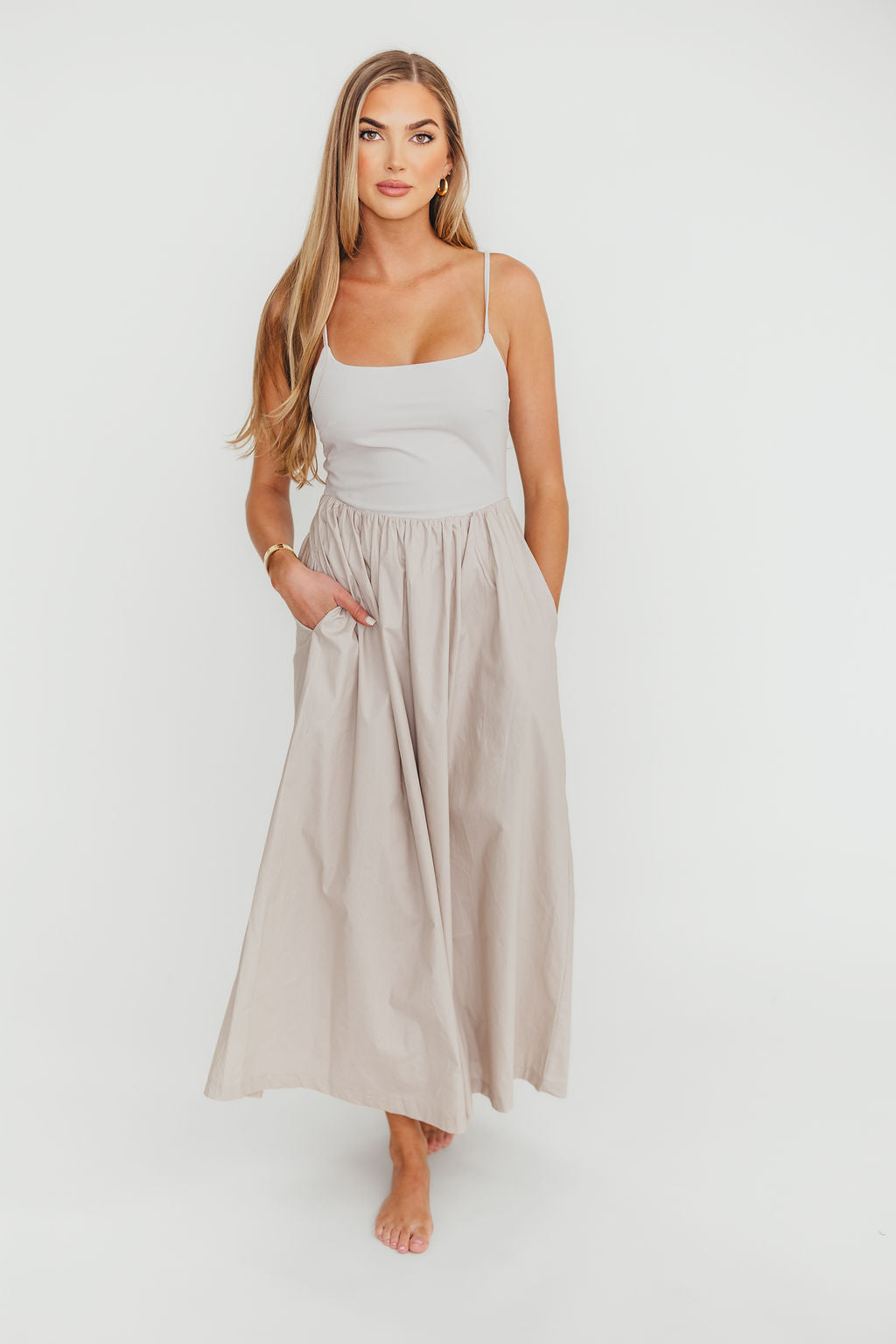 Dorit Women's Everyday Elegance Stretch Top Maxi Dress in Stone - Comfortable Flowy Long Dress for Casual Wear, Beach Vacation & Summer Outfits