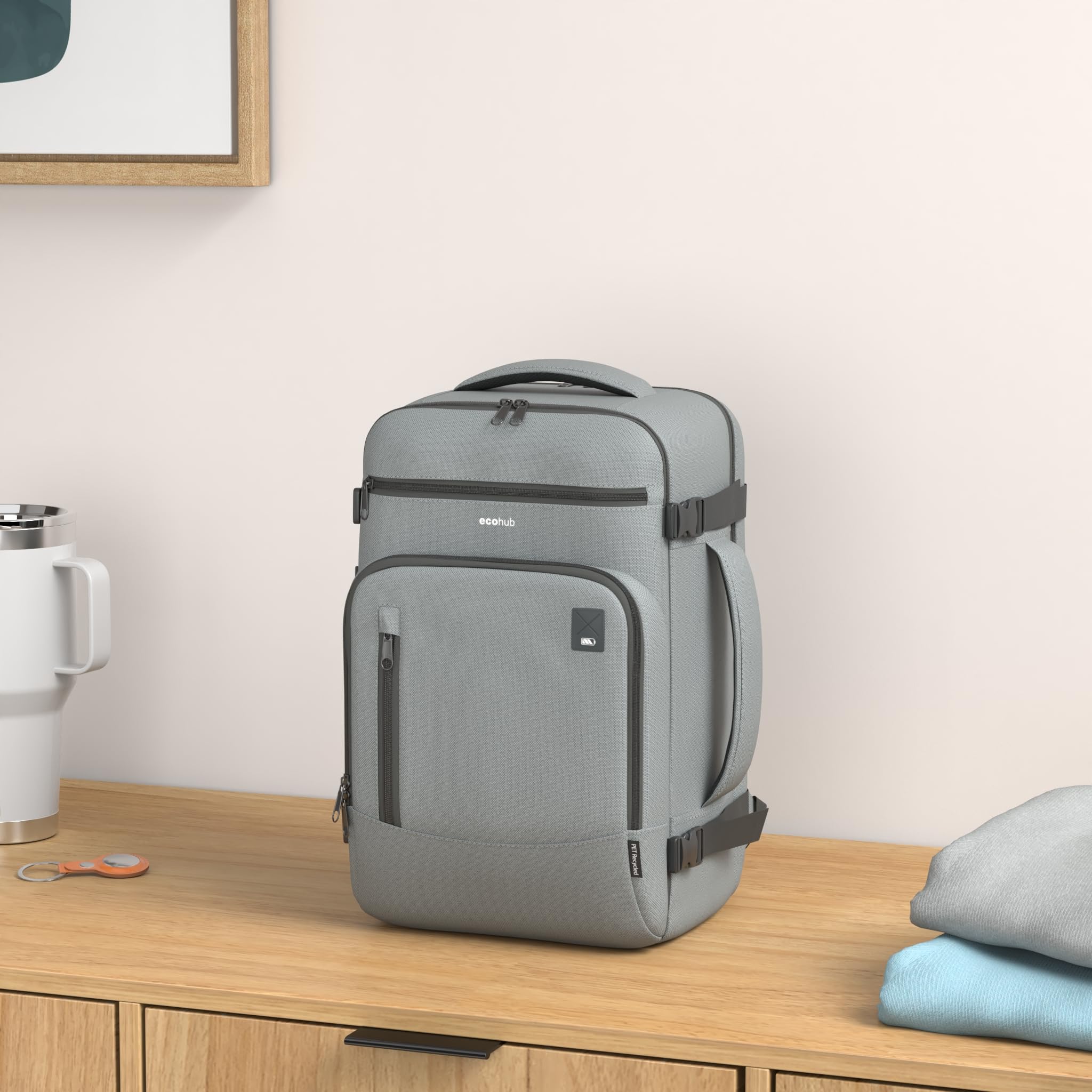 ECOHUB 16 Inch Airline Approved Travel Backpack for Women & Men - Lightweight Waterproof Laptop Backpack, Casual Daypack & Small Hiking Bag - Perfect for Business Trips, College, Commuting & Outdoor Adventures (Grey)