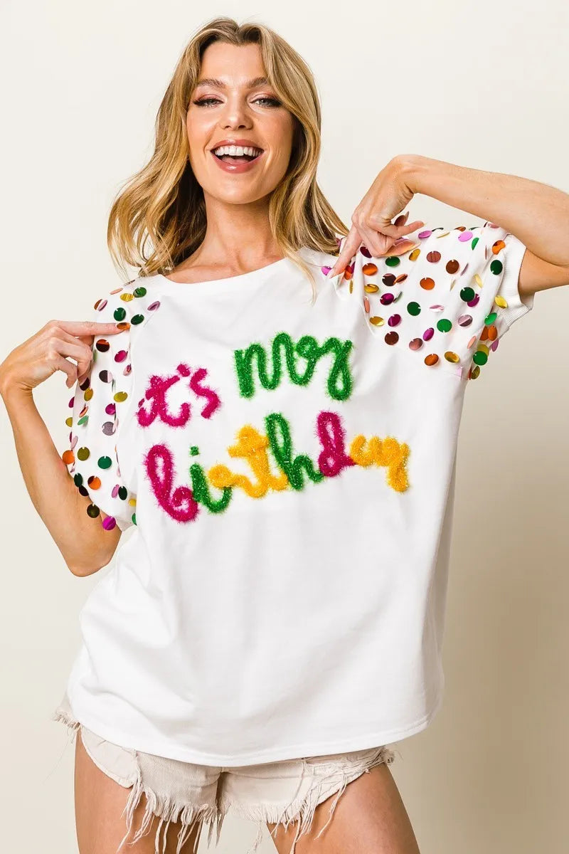 BiBi Metallic Letter Spangle Raglan Puff Sleeve Top | Trendy Women's Graphic Tee for Casual Wear, Party & Date Night Outfits