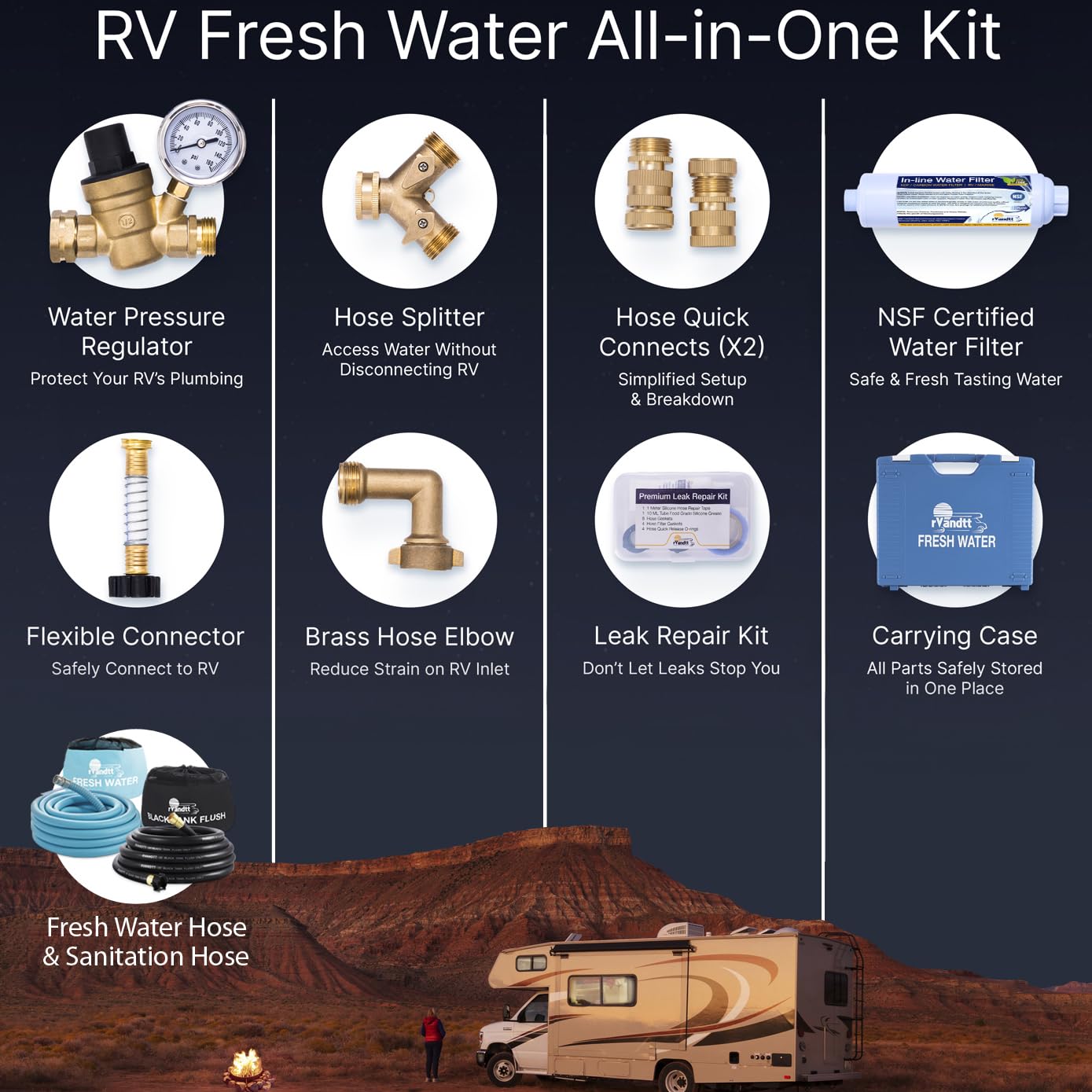 RV Fresh Water Kit with Hose & Regulator - for Safe Drinking & Sanitation in Camping