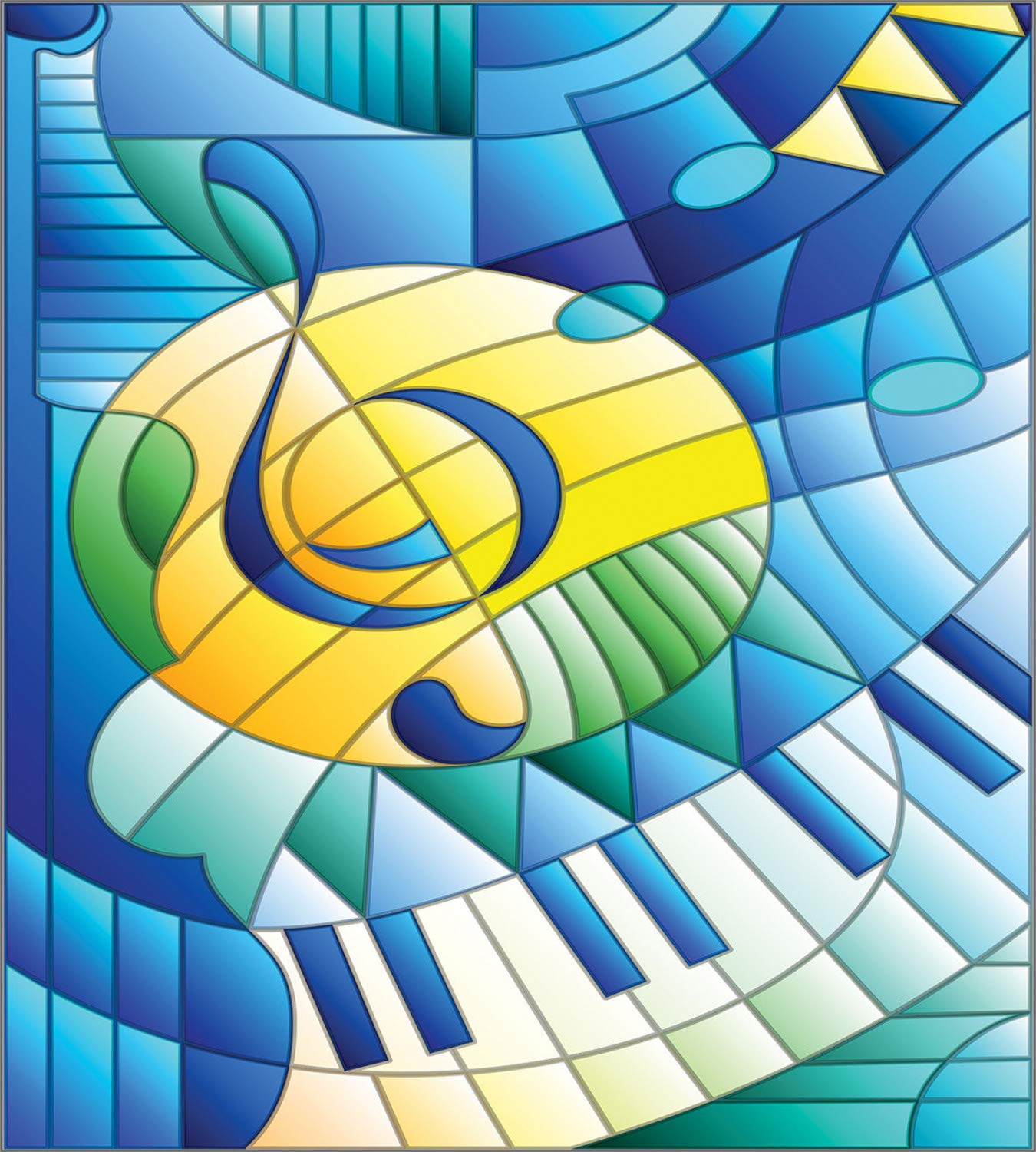 Ambesonne Music Themed Duvet Cover Set - King Size Stained Glass Design with Clef Notes & Keyboard in Vibrant Blue, Yellow & Green - 3 Piece Bedding Set with 2 Pillow Shams | Perfect for Music Lovers' Bedrooms, Guest Rooms & Dorm Decor