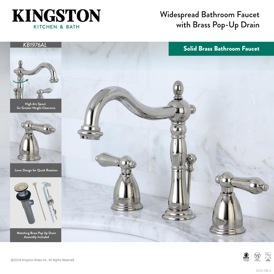 Kingston Brass KB1978AL Heritage 8-Inch Widespread Bathroom Faucet with Metal Lever Handle - Brushed Nickel Finish - Adjustable Center for Vanity Sink - Perfect for Modern and Traditional Home Bathrooms