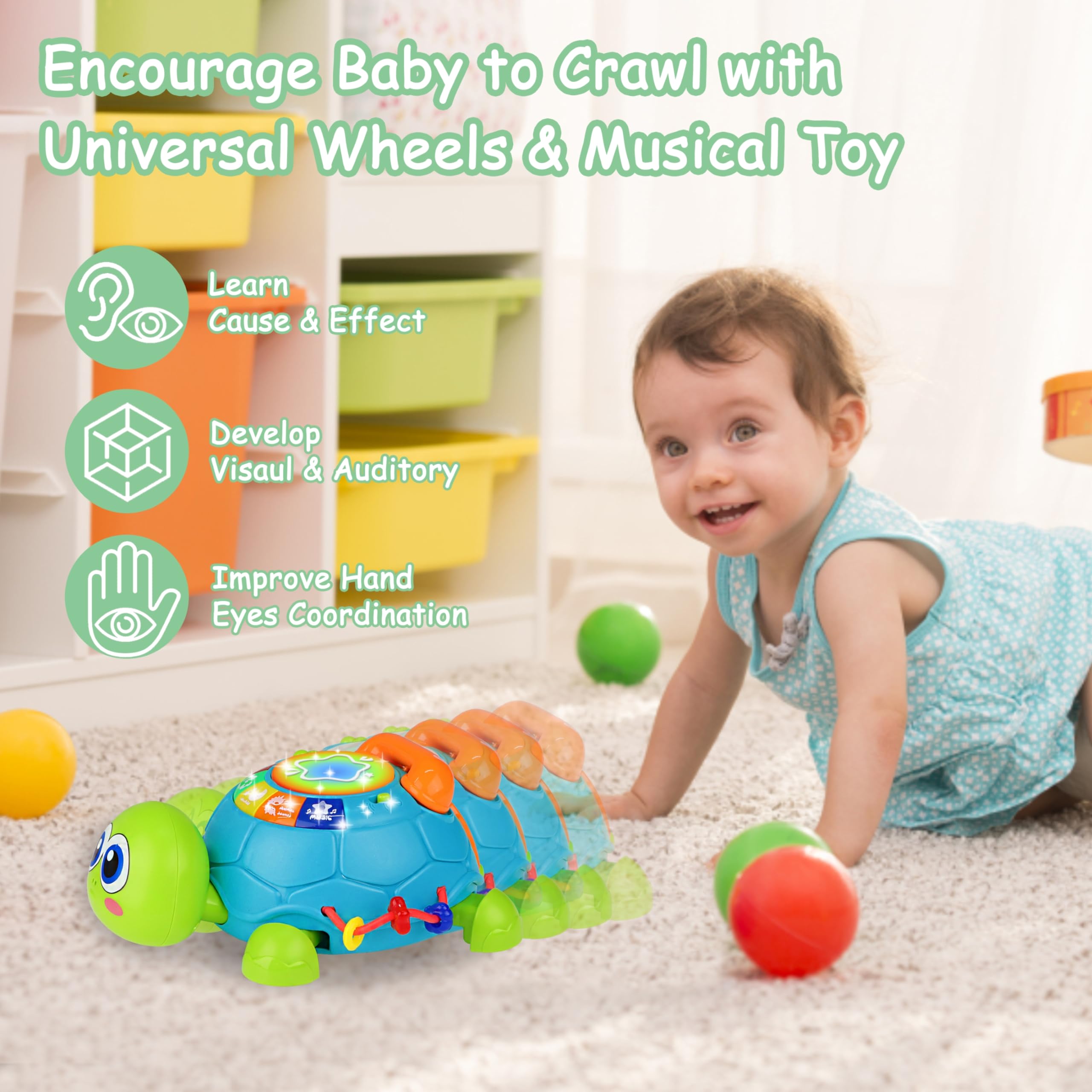 KWYZ Musical Turtle Crawling Baby Toy with Lights & Sounds - Interactive Learning Toy for Infants 0-3 3-6 6-12 12-18 Months - Perfect Tummy Time, Sensory & Birthday Gift for 1-2 Year Old Boys & Girls - Encourages Crawling & Early Development