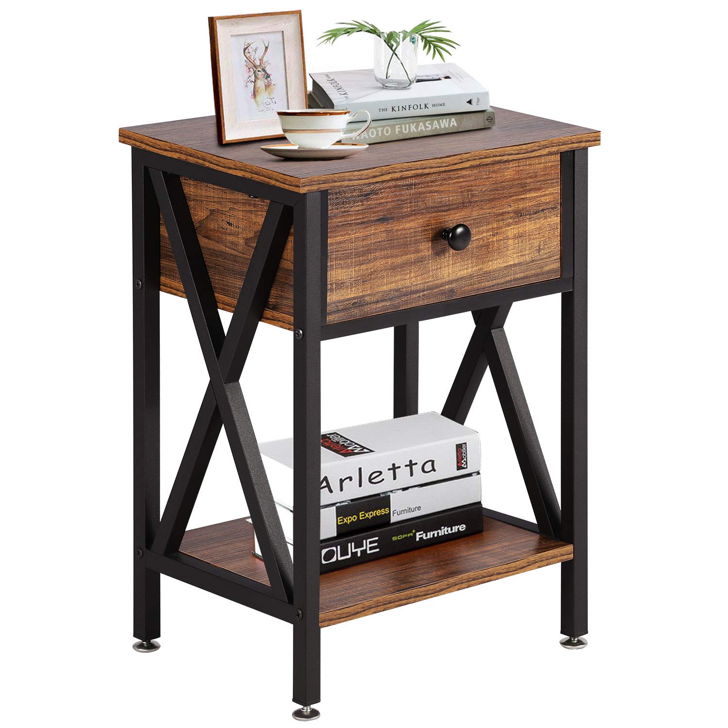 VECELO Modern Nightstand with Storage Shelf & Bin Drawer - Versatile X-Design End Table for Bedroom, Living Room | Space-Saving Organizer for Small Spaces | Brown & Black Finish