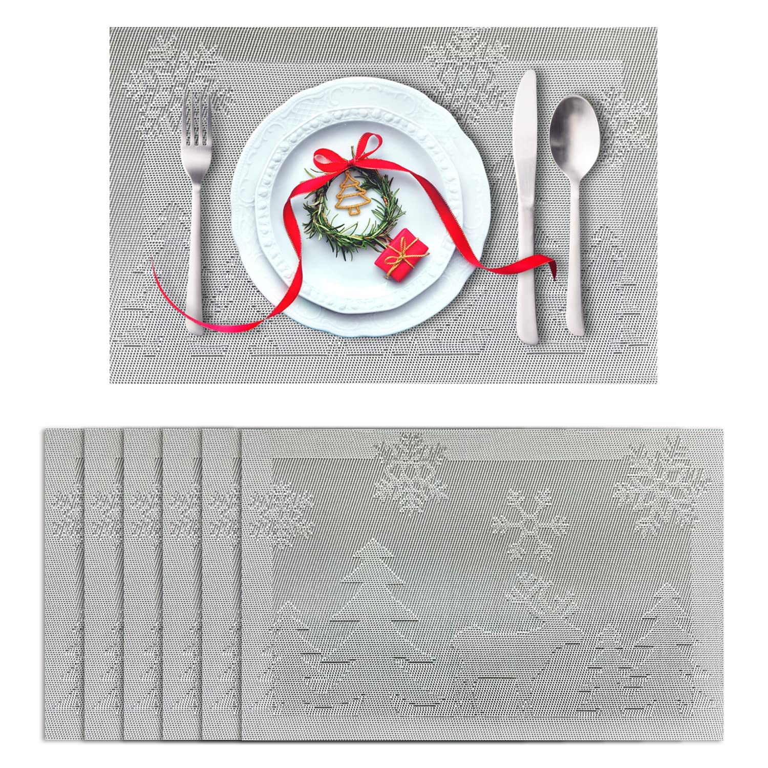 6-Pack Christmas Reindeer Silver Woven Vinyl Non-Slip Placemats - Washable & Anti-Skid Table Mats for Kitchen Dining, Holiday Decor & Family Gatherings