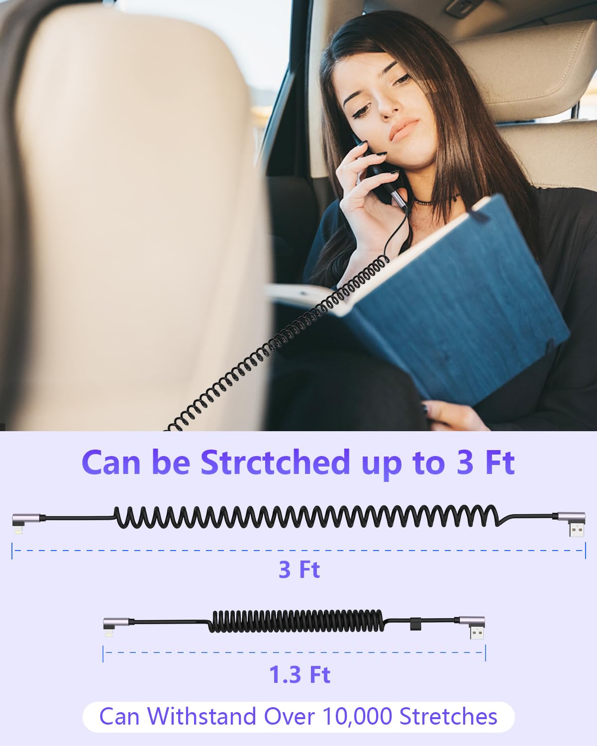 90 Degree Coiled Lightning Cable MFi Certified - 2 Pack Short iPhone Charger for Car, 3FT USB Cable for iPhone 14/13/12/11 Pro Max/XR/XS/X/8/7 & iPad/iPod - Perfect for CarPlay & Tight Spaces
