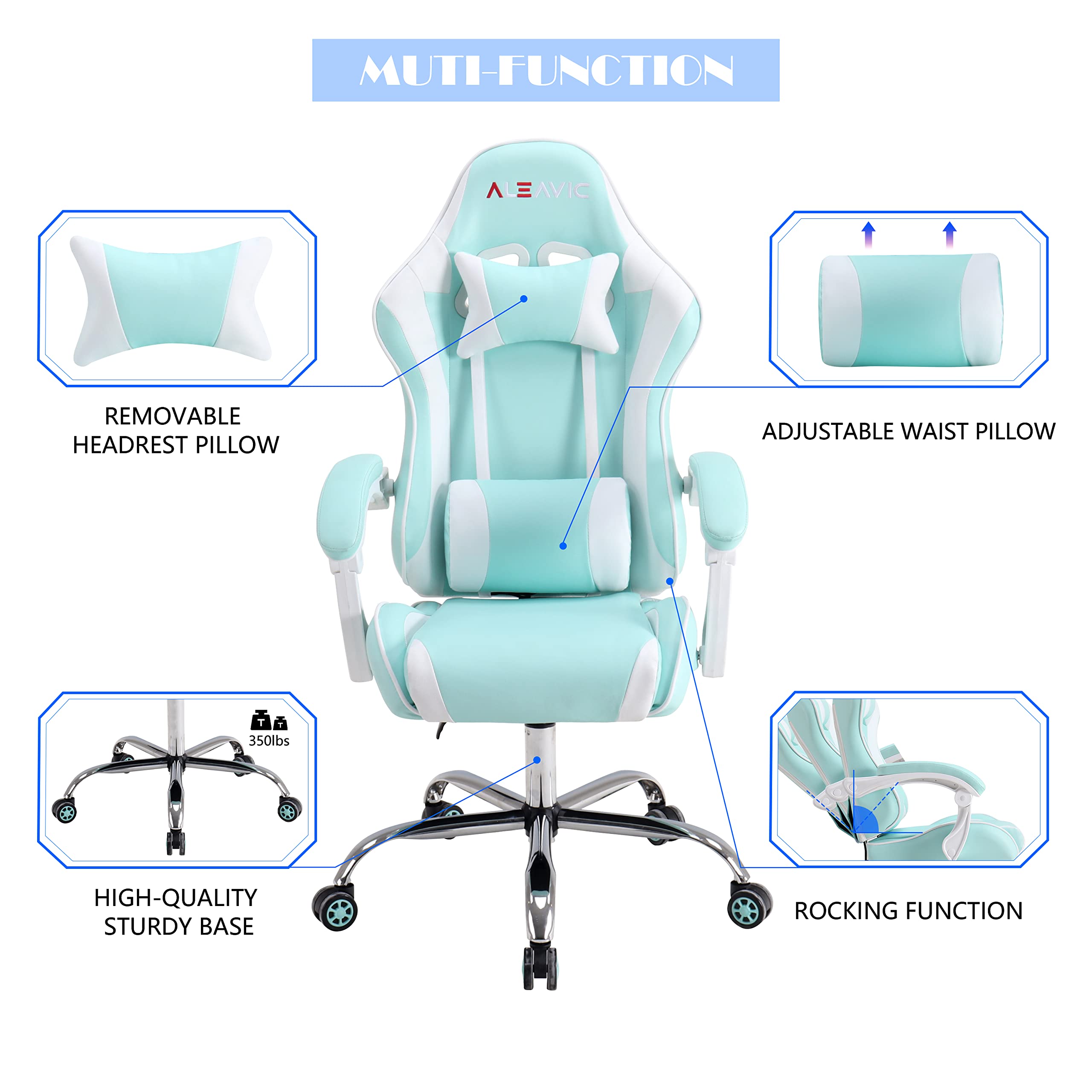 ALEAVIC Ergonomic Gaming Chair - High Back Adjustable Racing Style PU Leather Computer Chair with Headrest & Lumbar Support for Adults - Perfect for Esports, Office Work & Home Gaming Setup