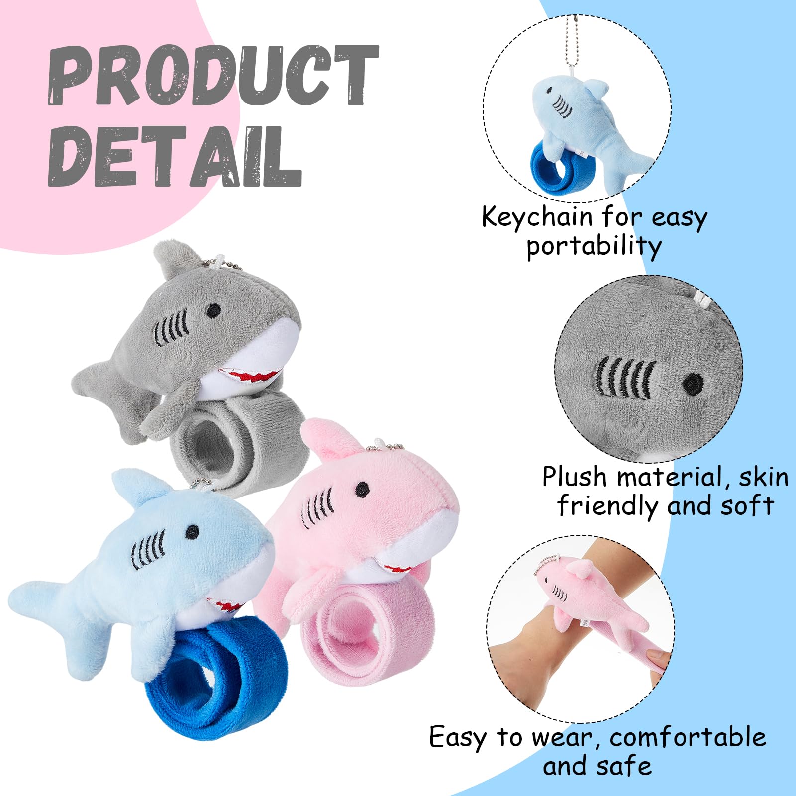 12 Pcs Plush Shark Slap Bracelet Stuffed Animal Wristbands - Fun Sea Animal Snap Bracelets for Kids, Party Favors, Birthday Gifts (Blue, Gray, Pink) - Perfect for Beach Parties, Pool Games & Ocean-Themed Events