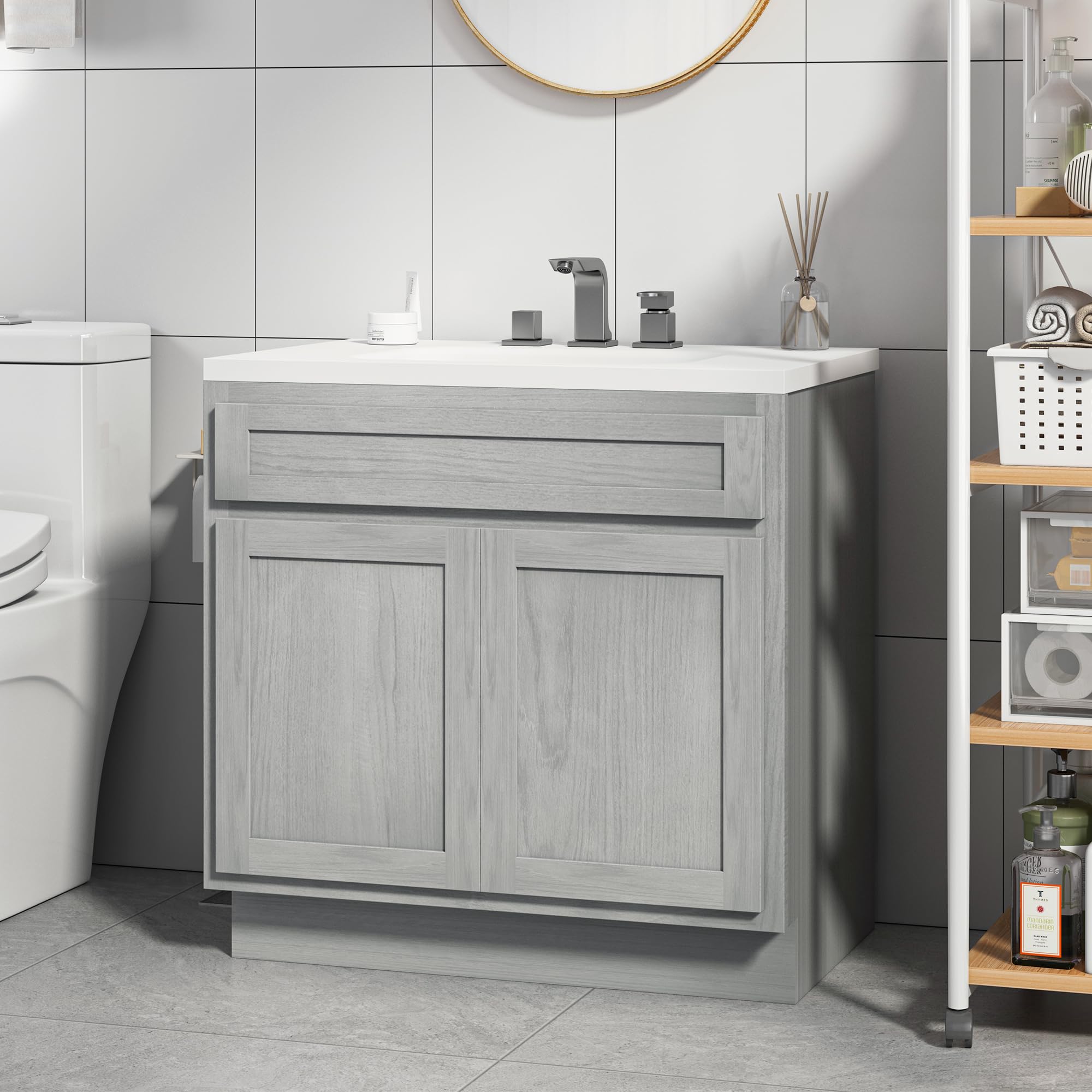 Vanity Art 36 Inch Double Shutter Door Bathroom Vanity Base Cabinet with Soft Closing Shaker Drawer - Sturdy Floor Mount Storage Organizer for Bathroom, Bedroom, Living Room & Kitchen (VA4036-S) - Perfect for Small Space Organization & Home Décor