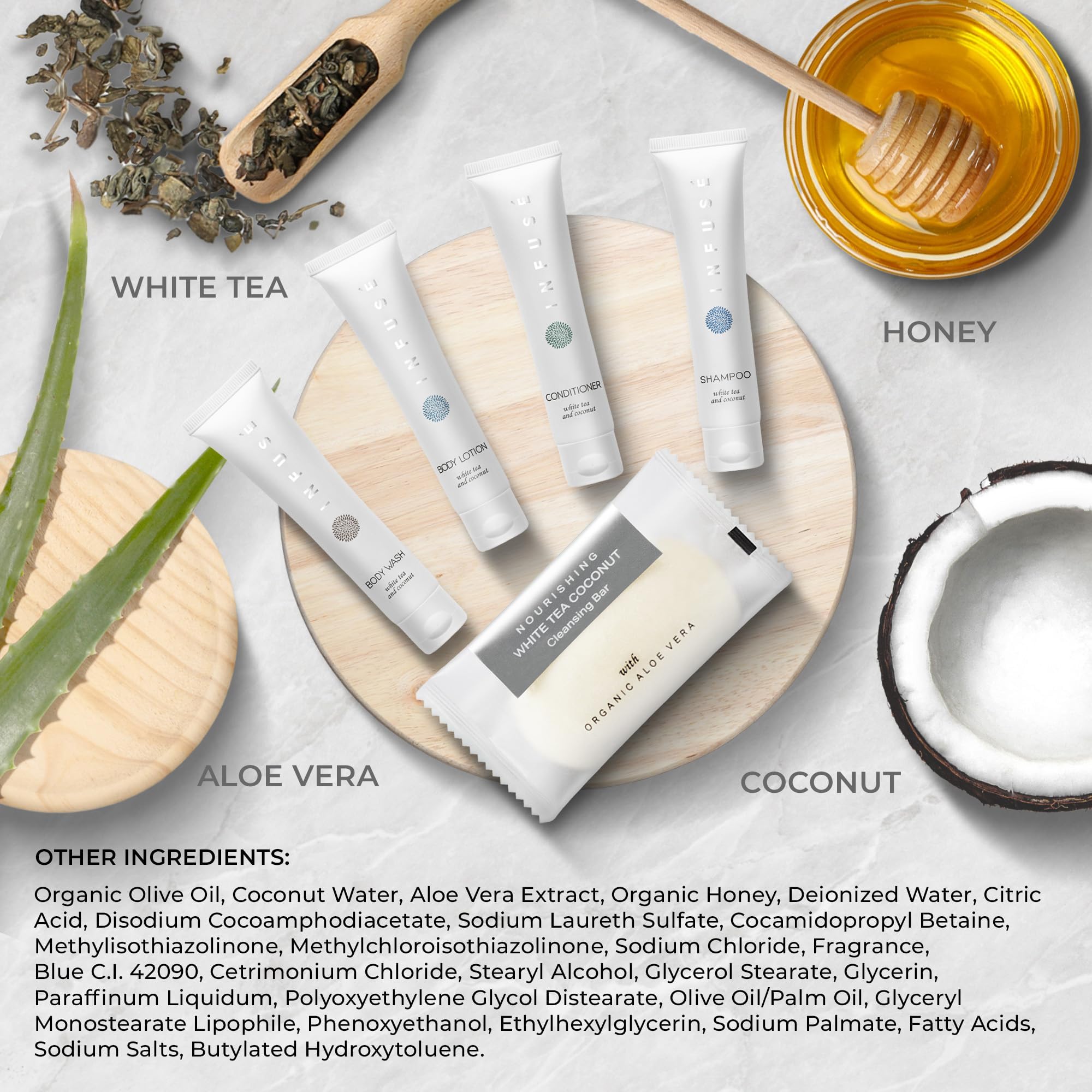 150-Piece Travel Size Toiletries Set - 30 Sets of 1oz Shampoo & Conditioner, Body Wash, Lotion & 1.25oz Bar Soap | White Tea Coconut Scent | Bulk Hotel Amenities for Travel, Hospitality & Guest Gifts