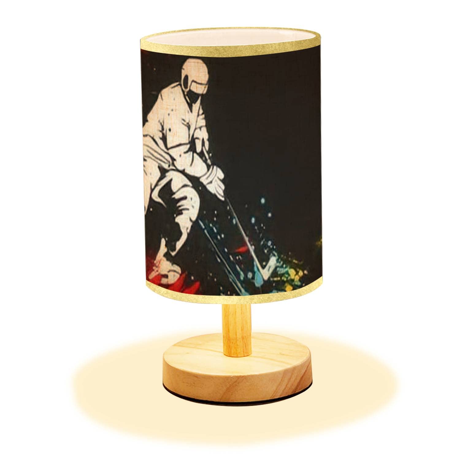 Minimalist Wood Base Nightstand Lamp with Flaxen Fabric Shade - Hockey Player Vector Design Bedside Table Light for Bedroom, Living Room & Office - Perfect for Reading, Relaxing & Home Decor