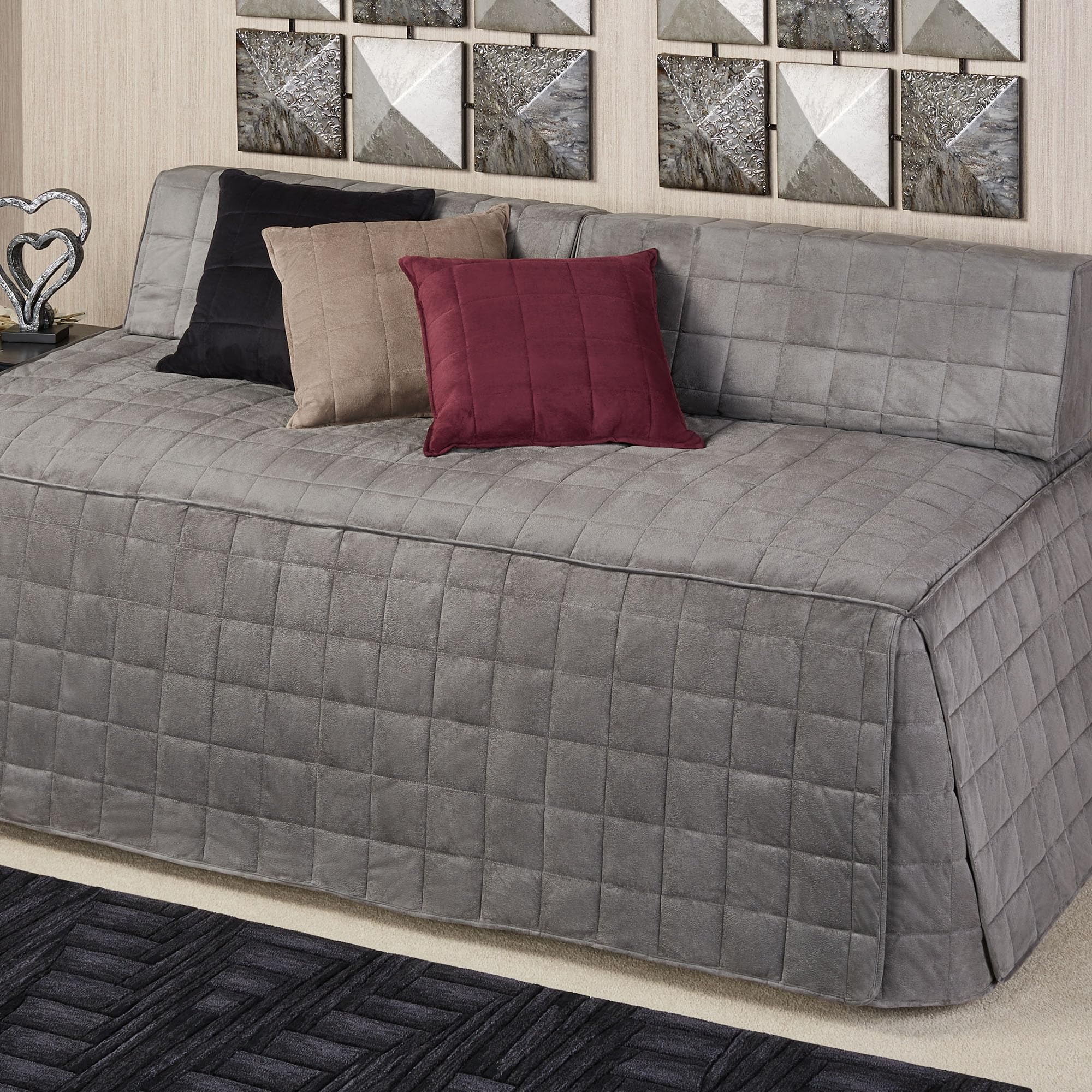 Camden Luxury Bedding Set - Charcoal Gray Faux Suede Box Quilted Design - 5 Piece Hollywood Daybed Set with Extra Long Cover & Bolster Pillows - Perfect for Guest Rooms, Dormitories & Small Space Living