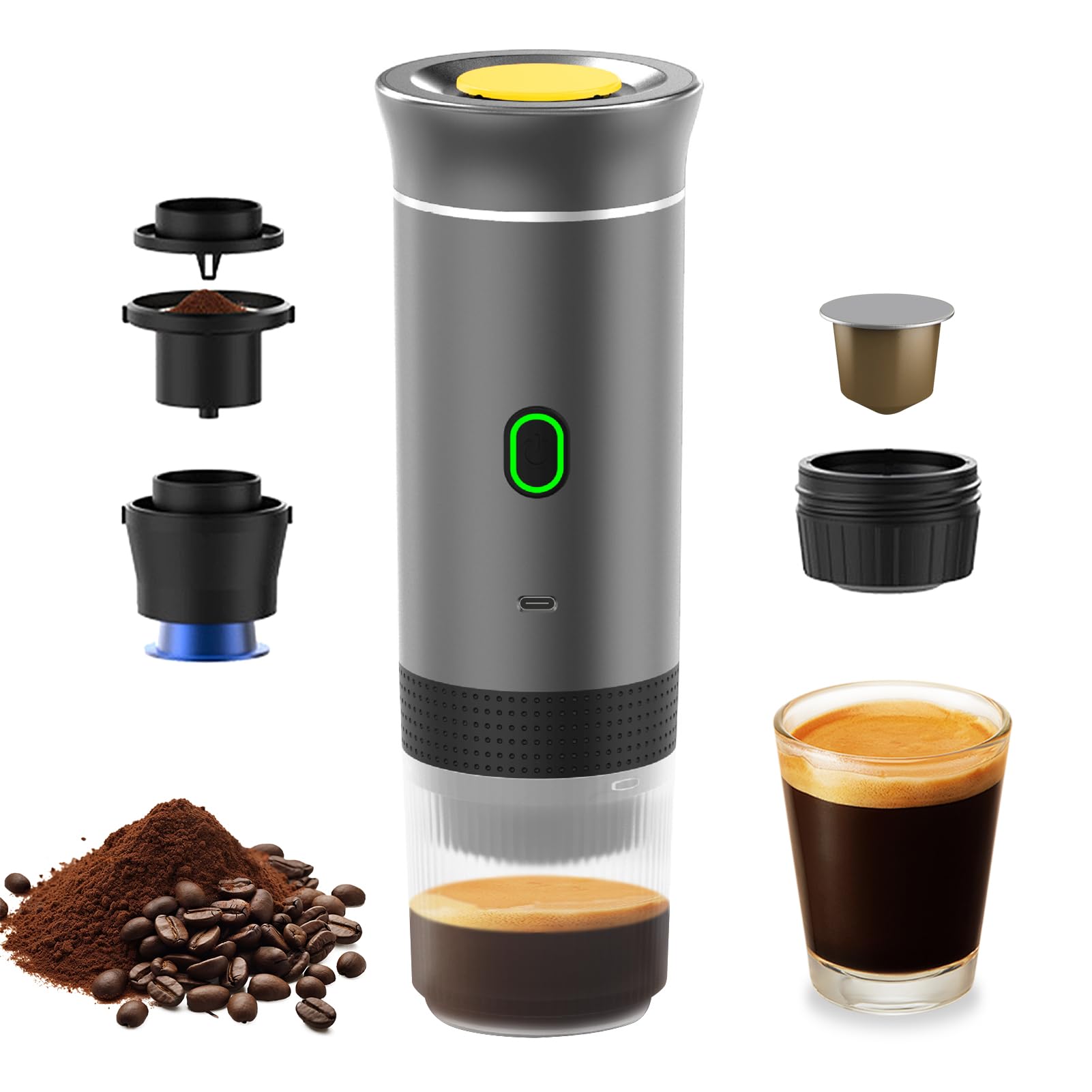 Irishom Portable Coffee Machine - 3-in-1 Cordless Electric Coffee Maker for Ground & Capsule Coffee, Cold Brew & Heating with 150ml Travel Mug | Perfect for Office, Camping & Home Use