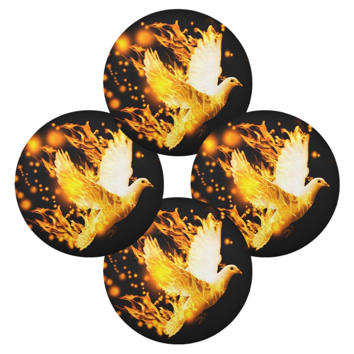Flying Dove On Fire Holiday Table Mats Set of 6 - Non-Slip Round 15.4 Inch Placemats for Kitchen, Dining Room, and Party Decor