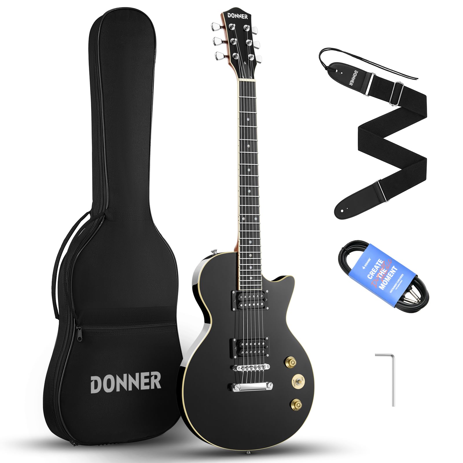 **Donner DLP-124B Full-Size 39 Inch Solid Body Electric Guitar Kit for Beginners – Black with Gig Bag, Cable, Strap – Perfect for Practice, Performances & Home Recording**