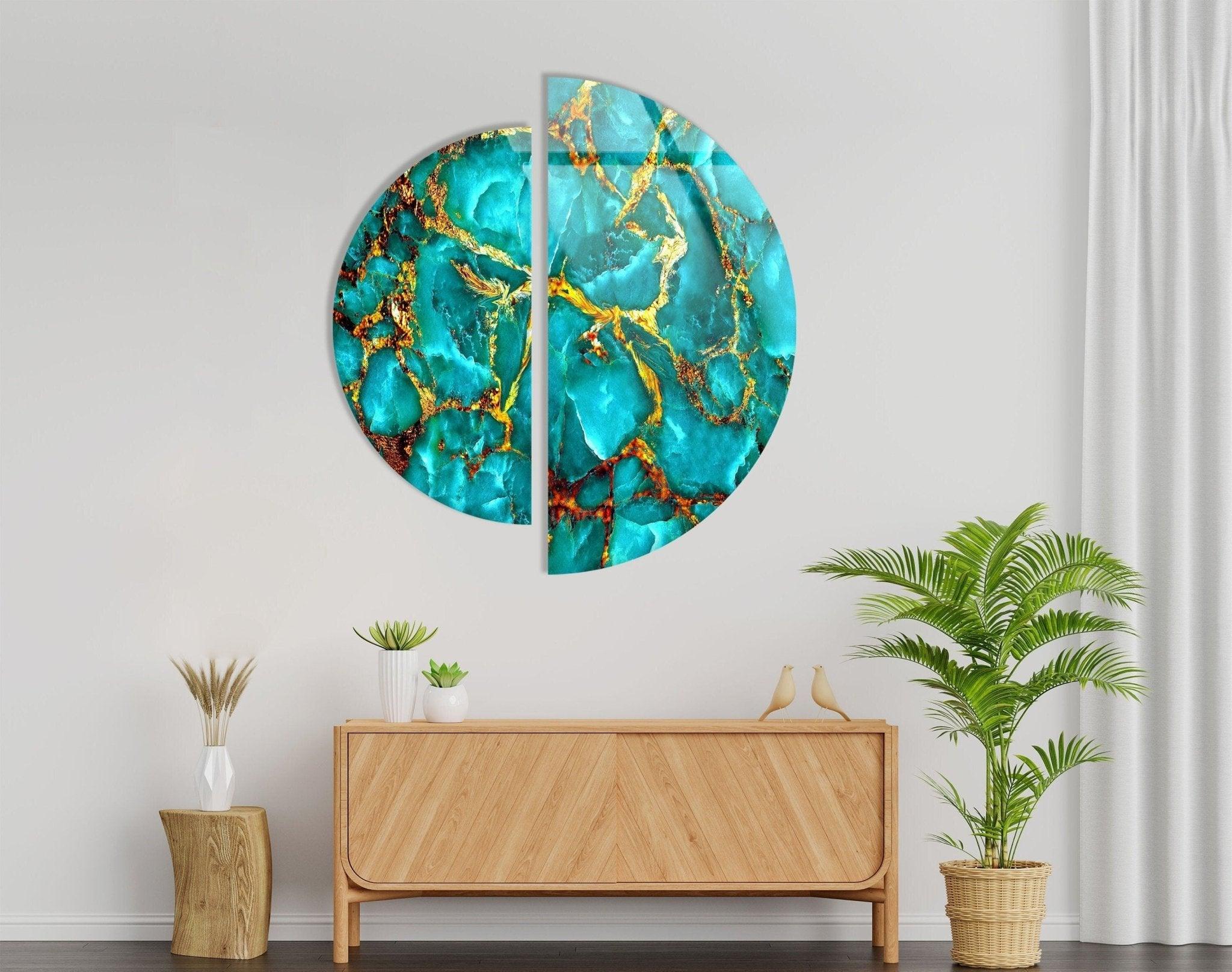 2 Piece Green & Gold Marble Glass Wall Art Set - Modern Abstract Home Decor for Living Room, Bedroom, Office - Shatterproof Tempered Glass Hanging Art Panels