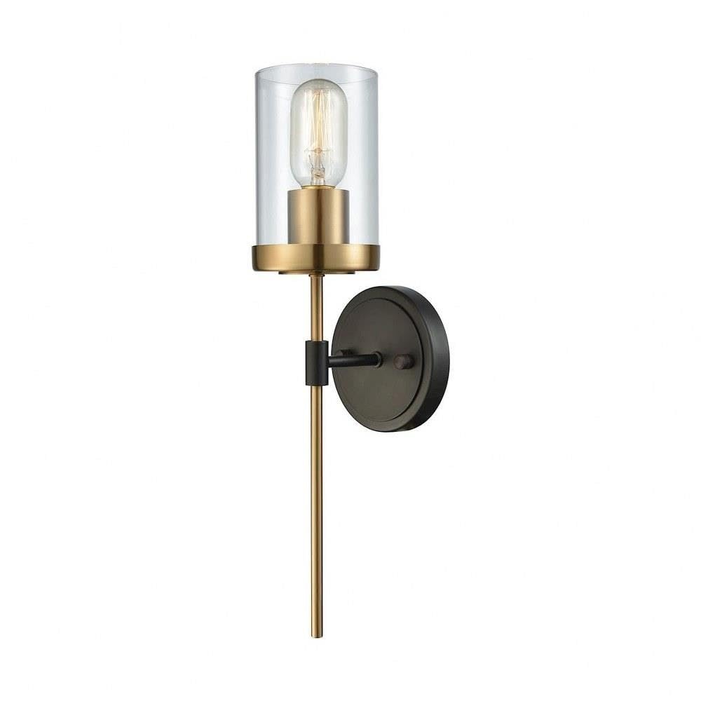 Modern Farmhouse Wall Sconce - Oil Rubbed Bronze & Satin Brass 1-Light Wall Lamp with Clear Glass Shade for Living Room, Bedroom, or Entryway Lighting